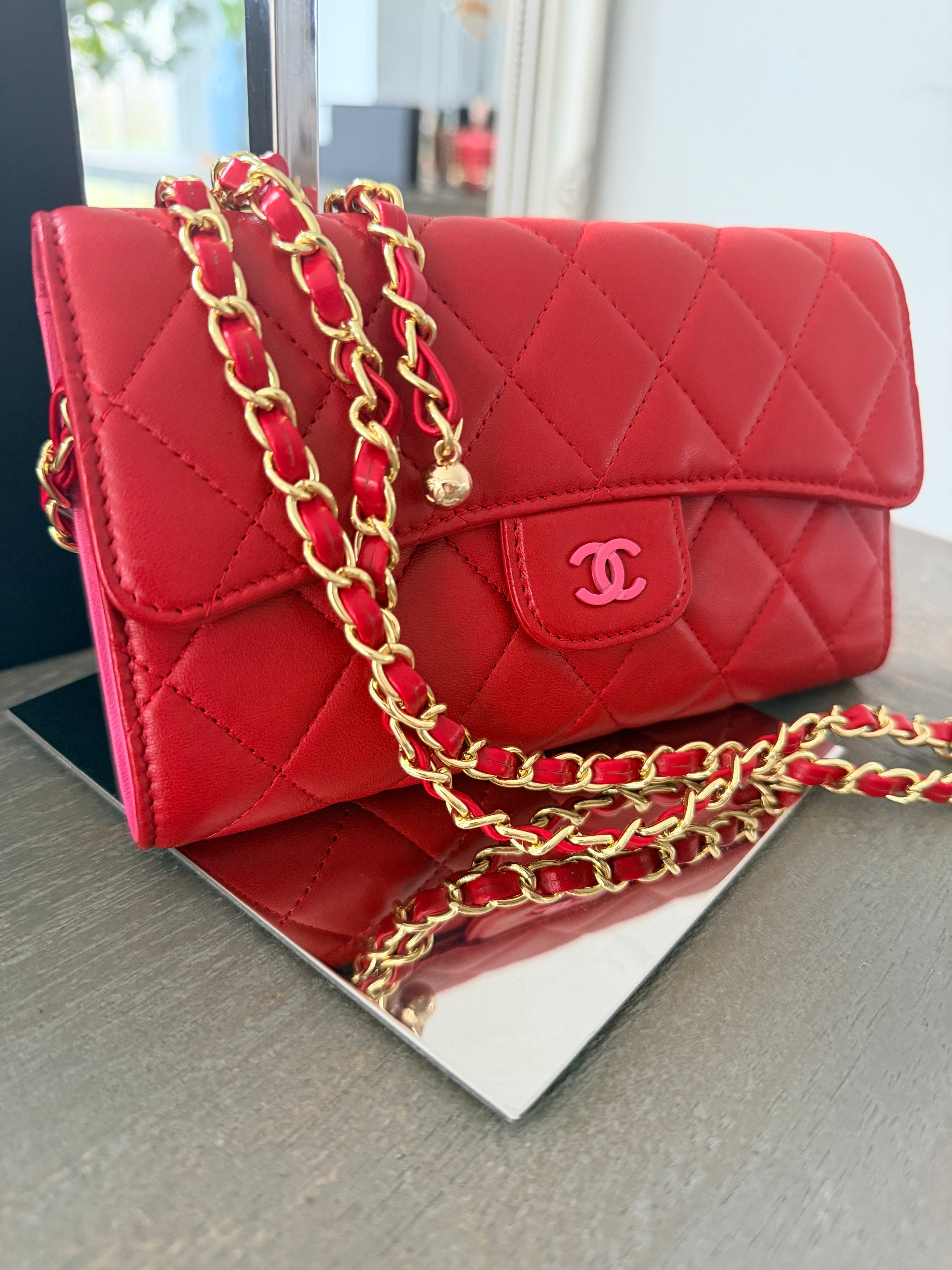 Chanel Long Wallet Trifold Red Lambskin Leather Pink Hardware