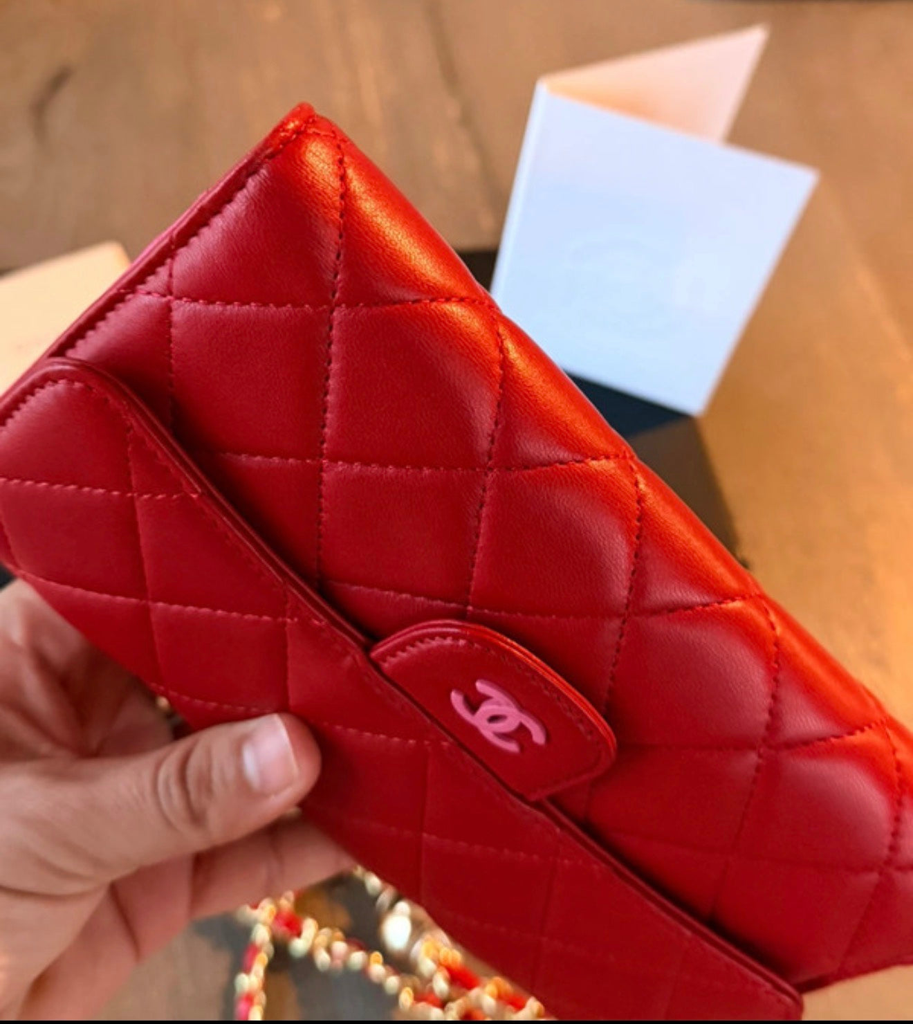 Chanel Long Wallet Trifold Red Lambskin Leather Pink Hardware