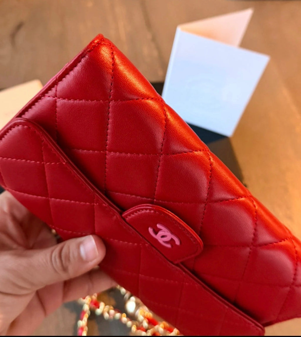 Chanel Long Wallet Trifold Red Lambskin Leather Pink Hardware