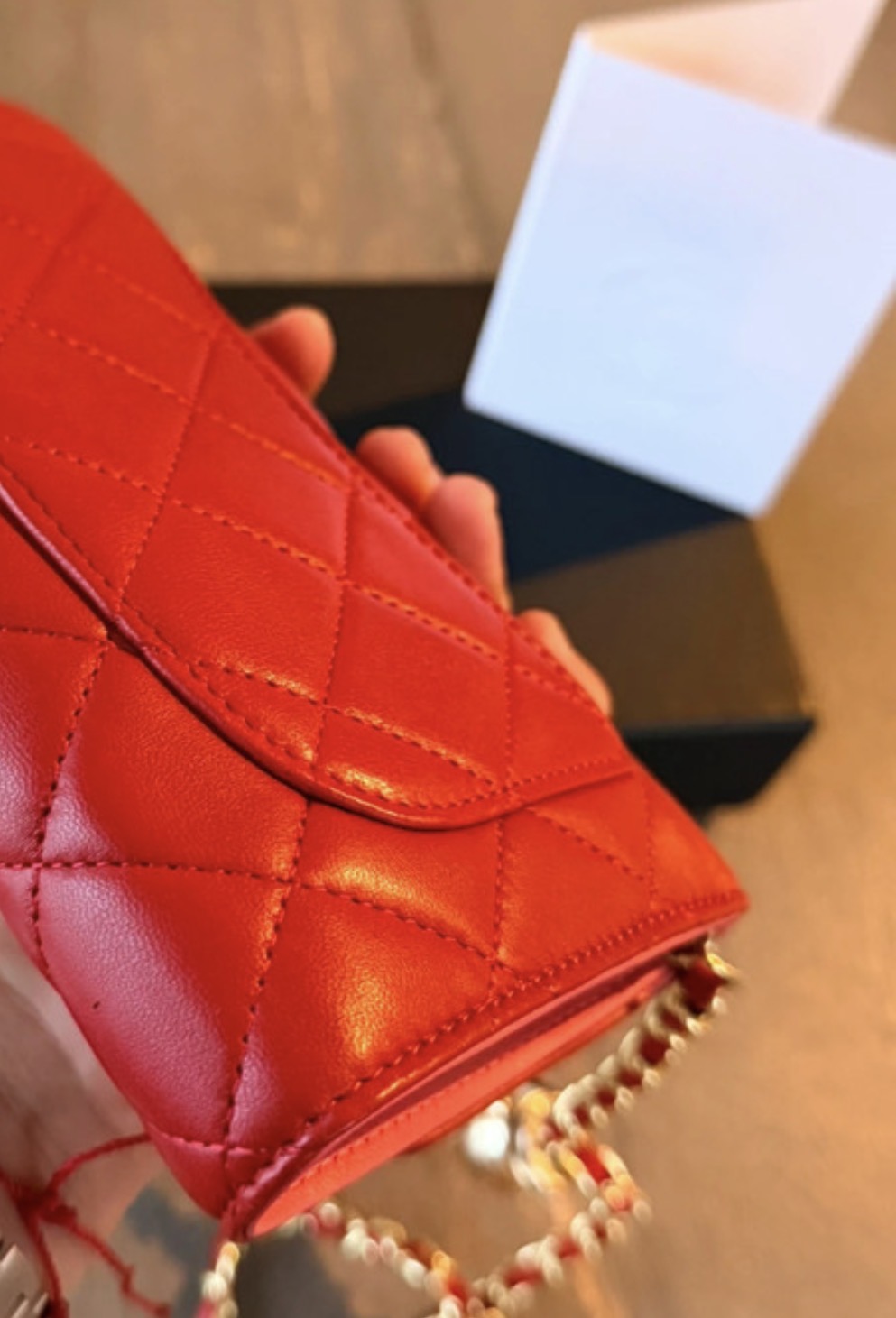 Chanel Long Wallet Trifold Red Lambskin Leather Pink Hardware