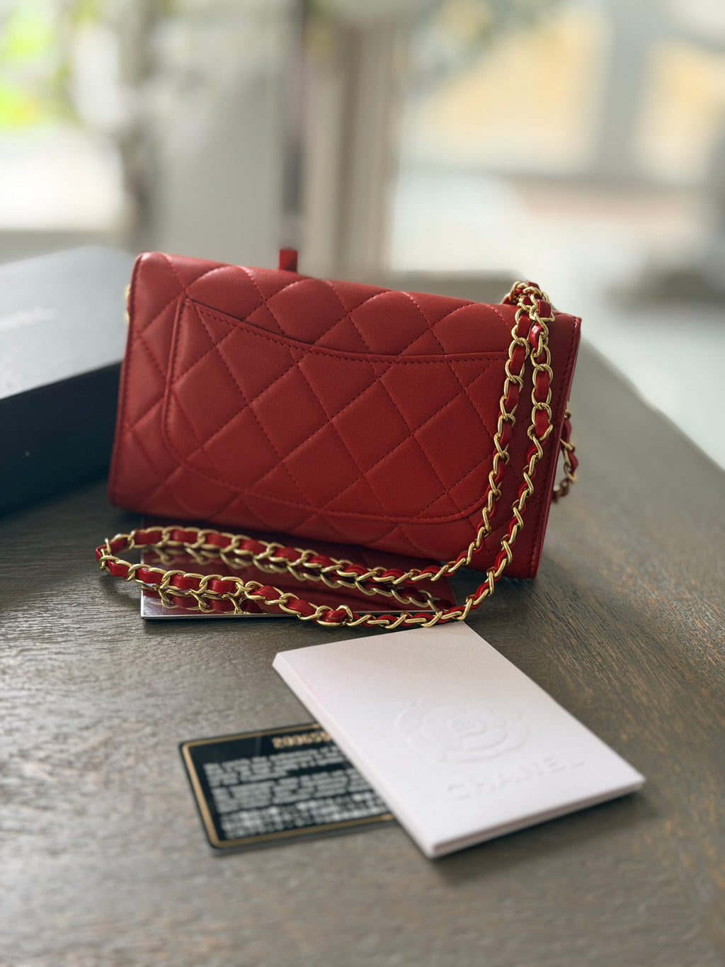 Chanel Long Wallet Trifold Red Lambskin Leather Pink Hardware