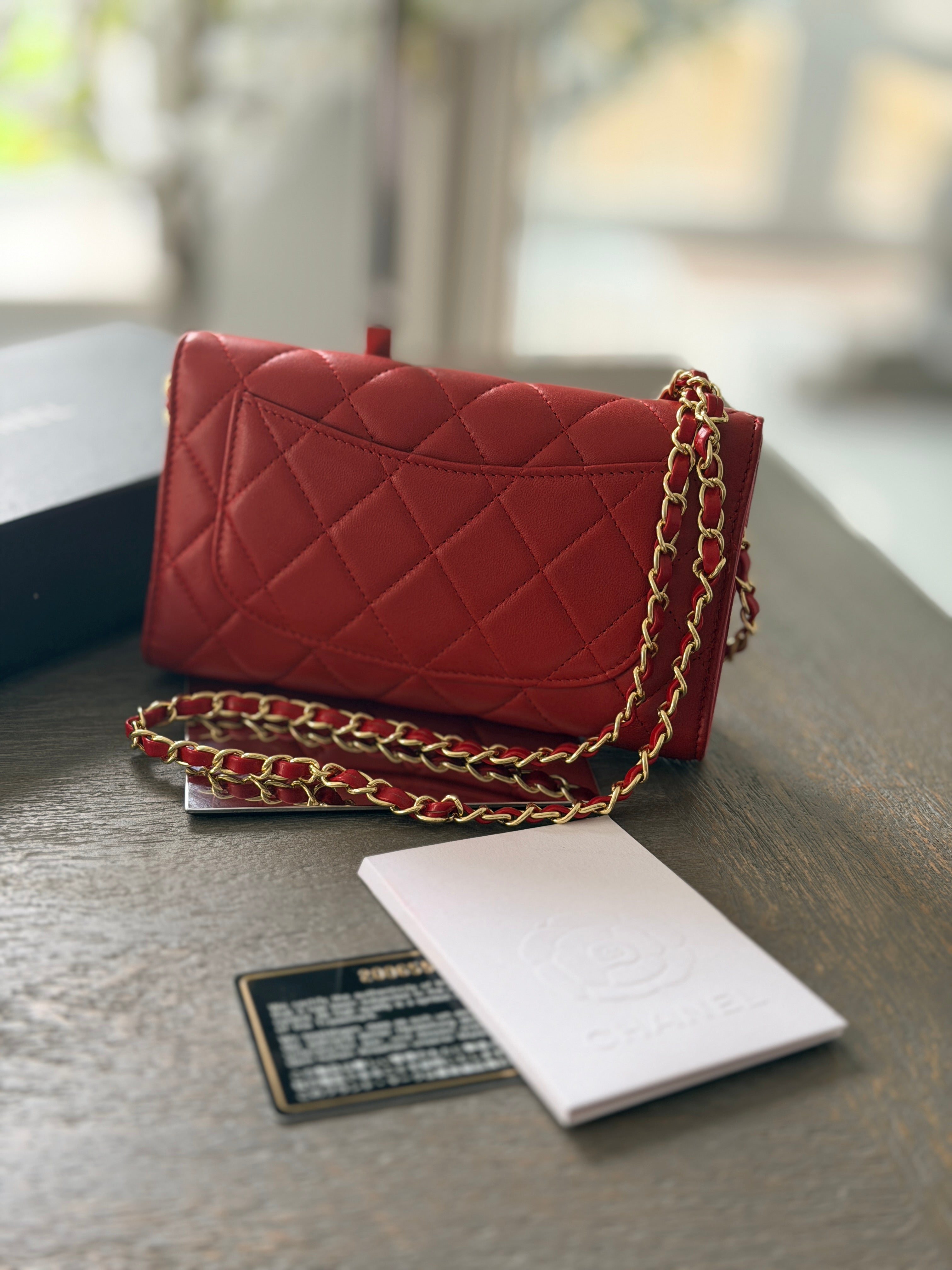 Chanel Long Wallet Trifold Red Lambskin Leather Pink Hardware