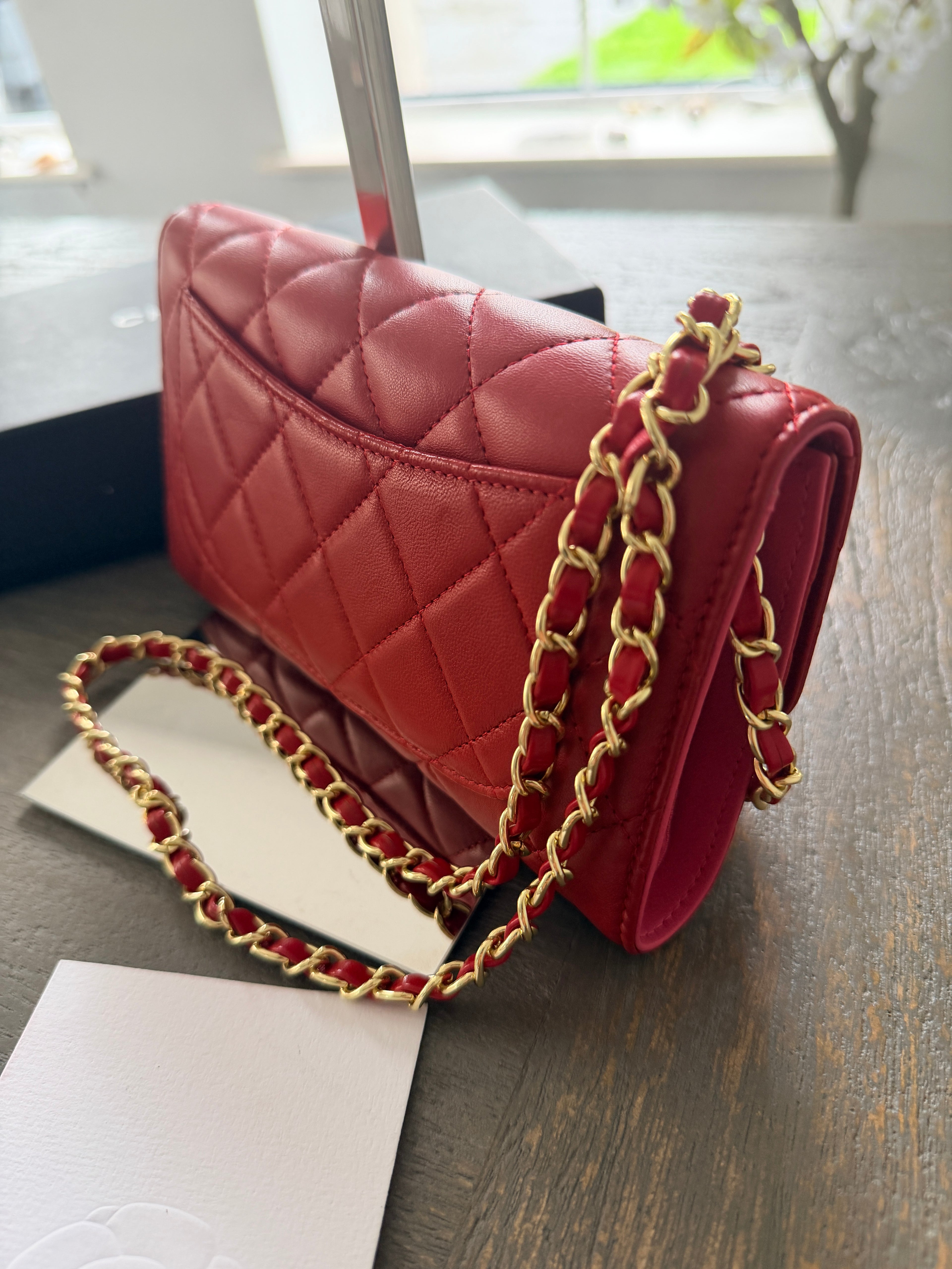 Chanel Long Wallet Trifold Red Lambskin Leather Pink Hardware