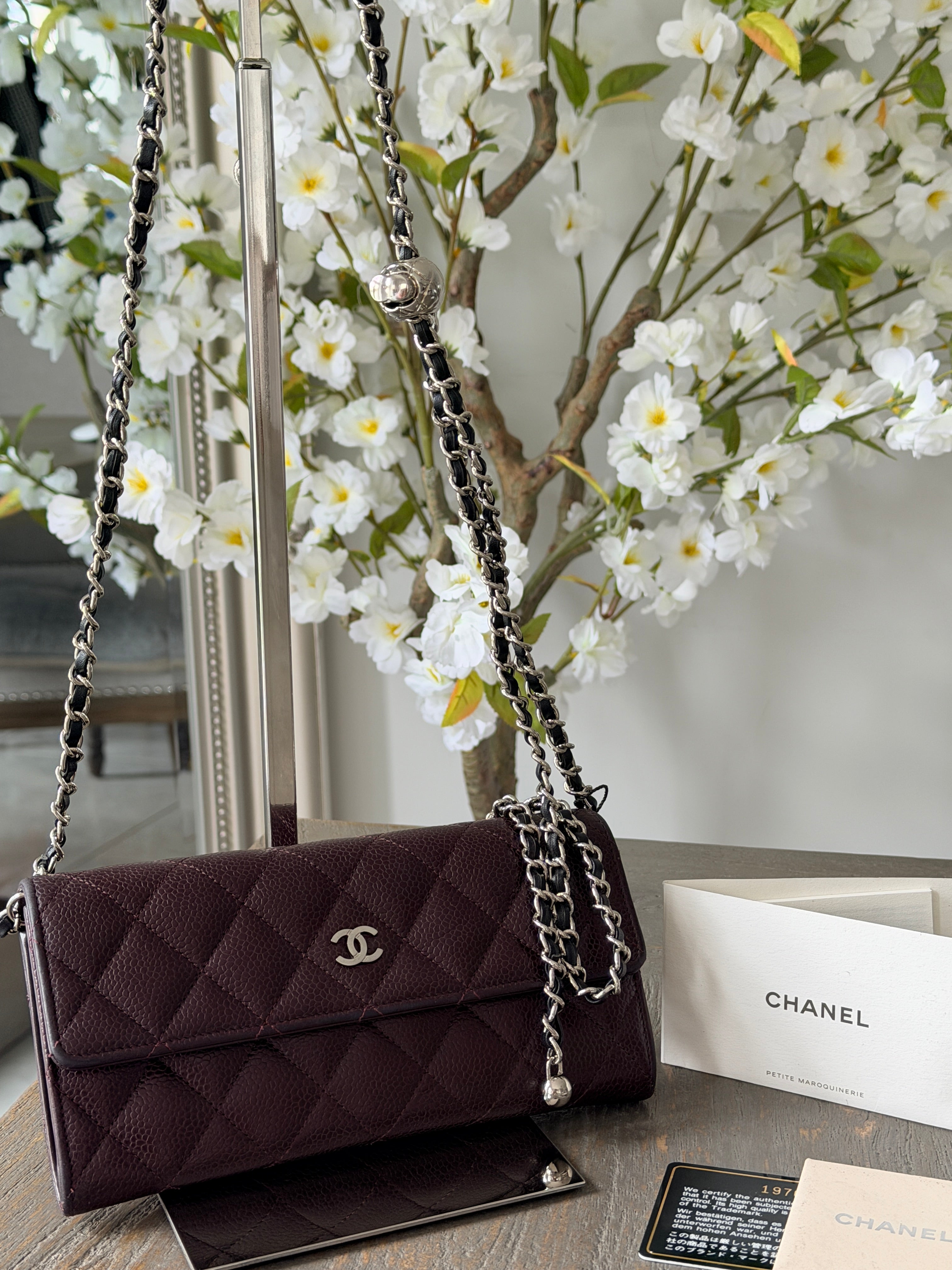 Chanel Long Flap Wallet Burgundy Caviar Leather Silver Hardware