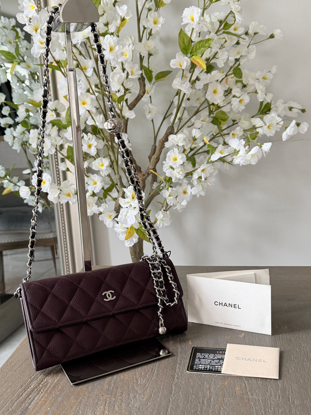Chanel Long Flap Wallet Burgundy Caviar Leather Silver Hardware