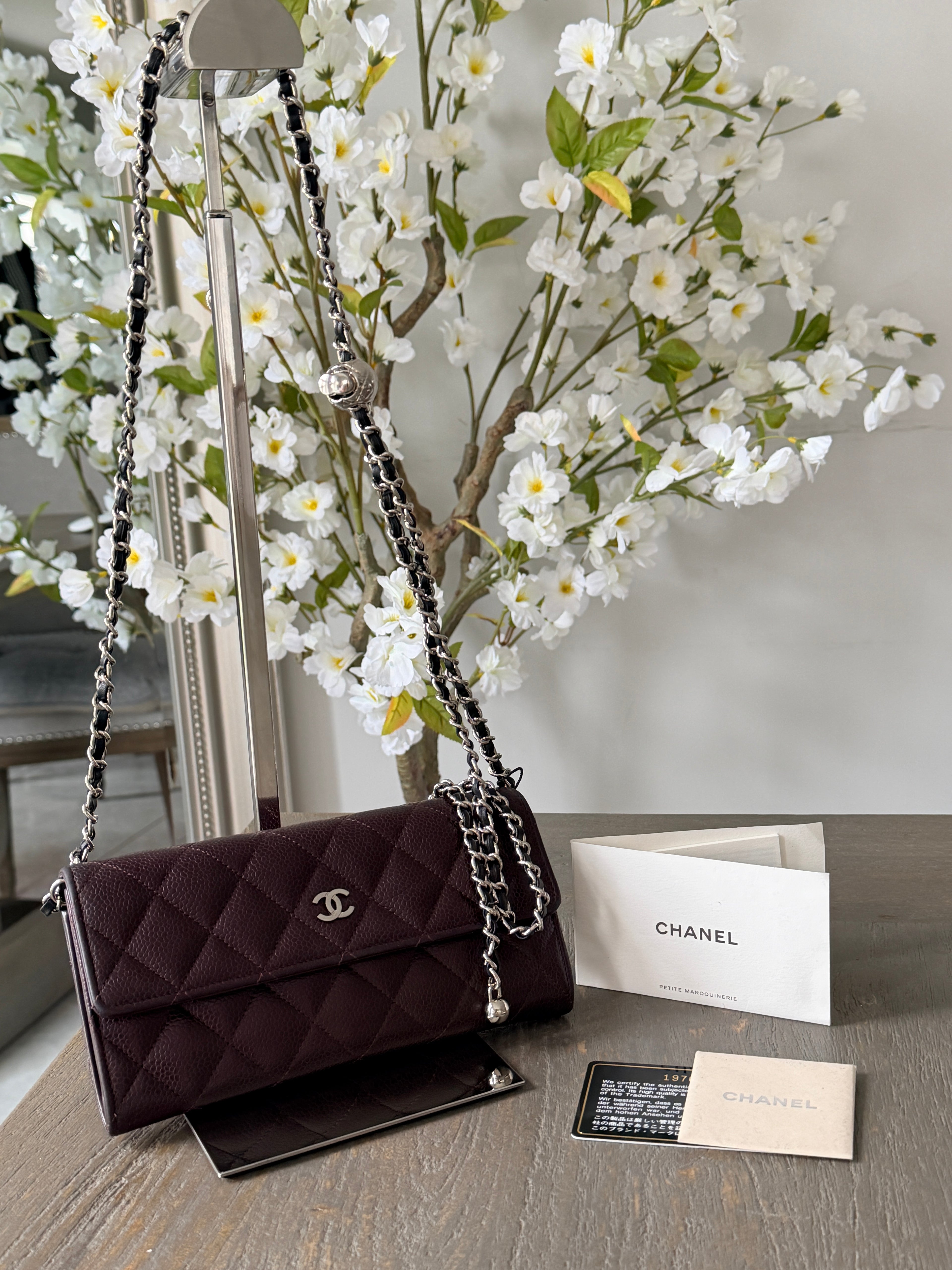 Chanel Long Flap Wallet Burgundy Caviar Leather Silver Hardware