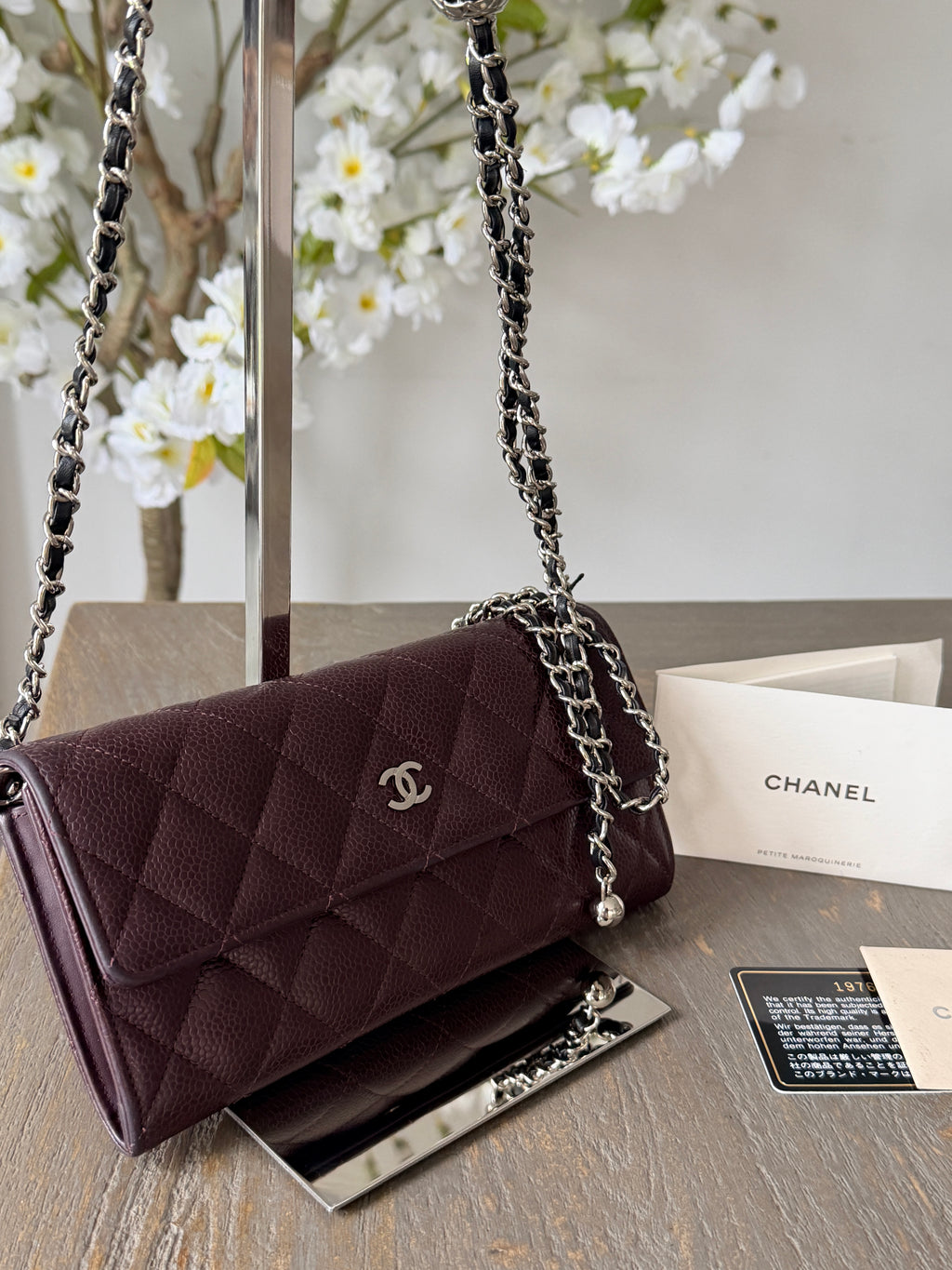 Chanel Long Flap Wallet Burgundy Caviar Leather Silver Hardware