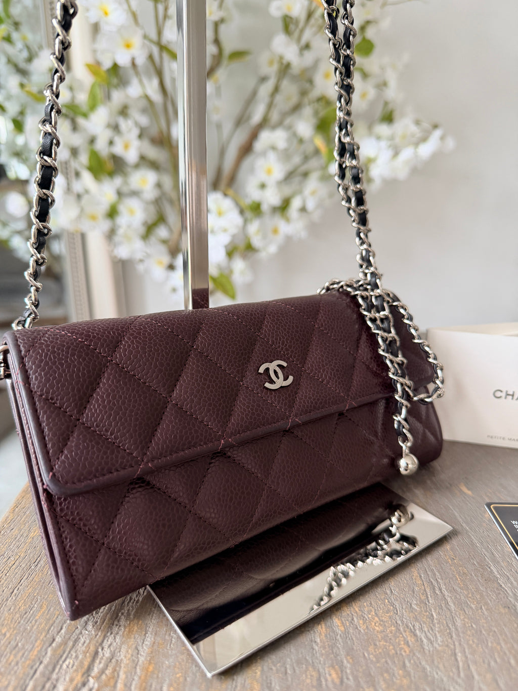 Chanel Long Flap Wallet Burgundy Caviar Leather Silver Hardware