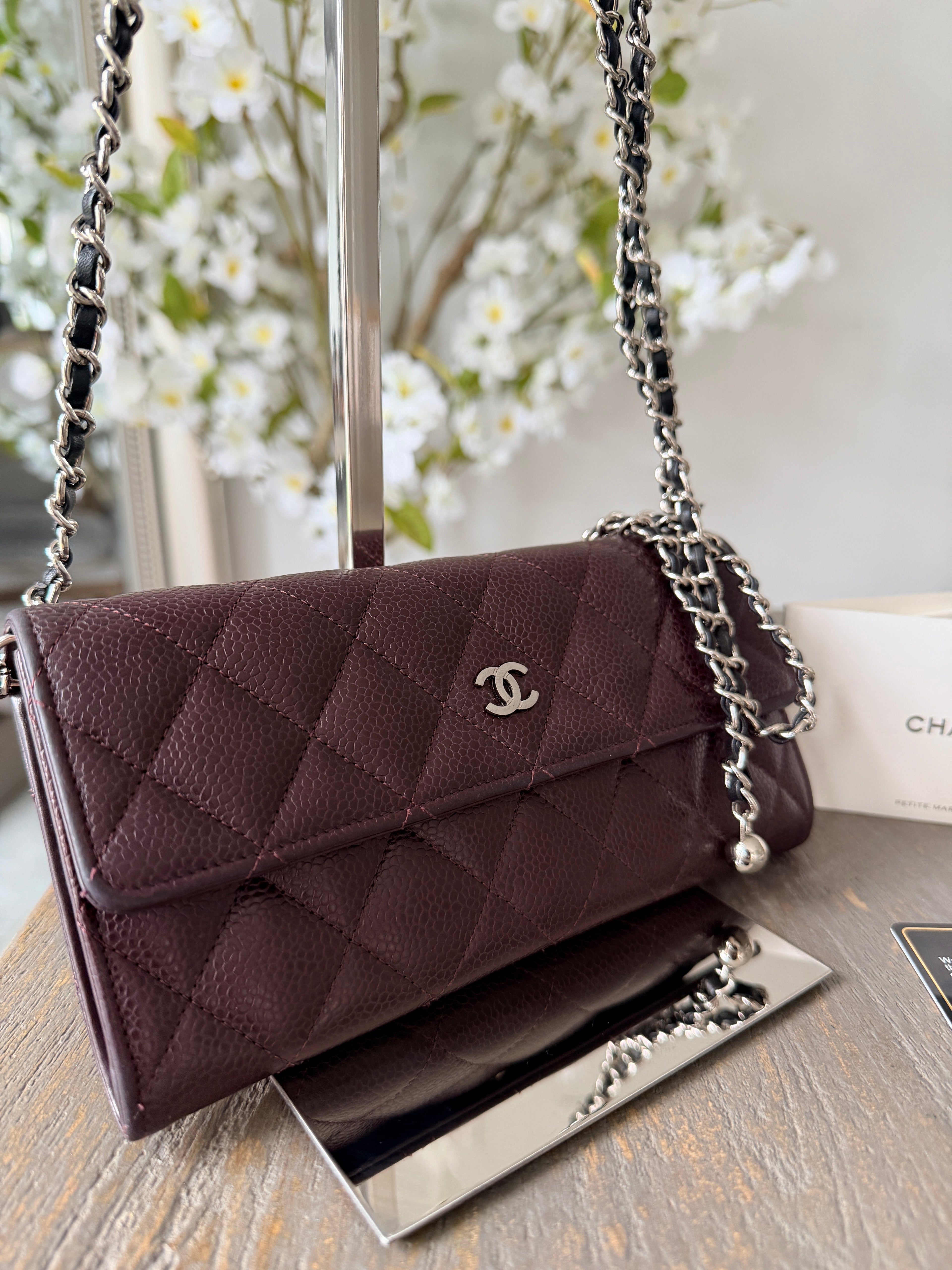 Chanel Long Flap Wallet Burgundy Caviar Leather Silver Hardware