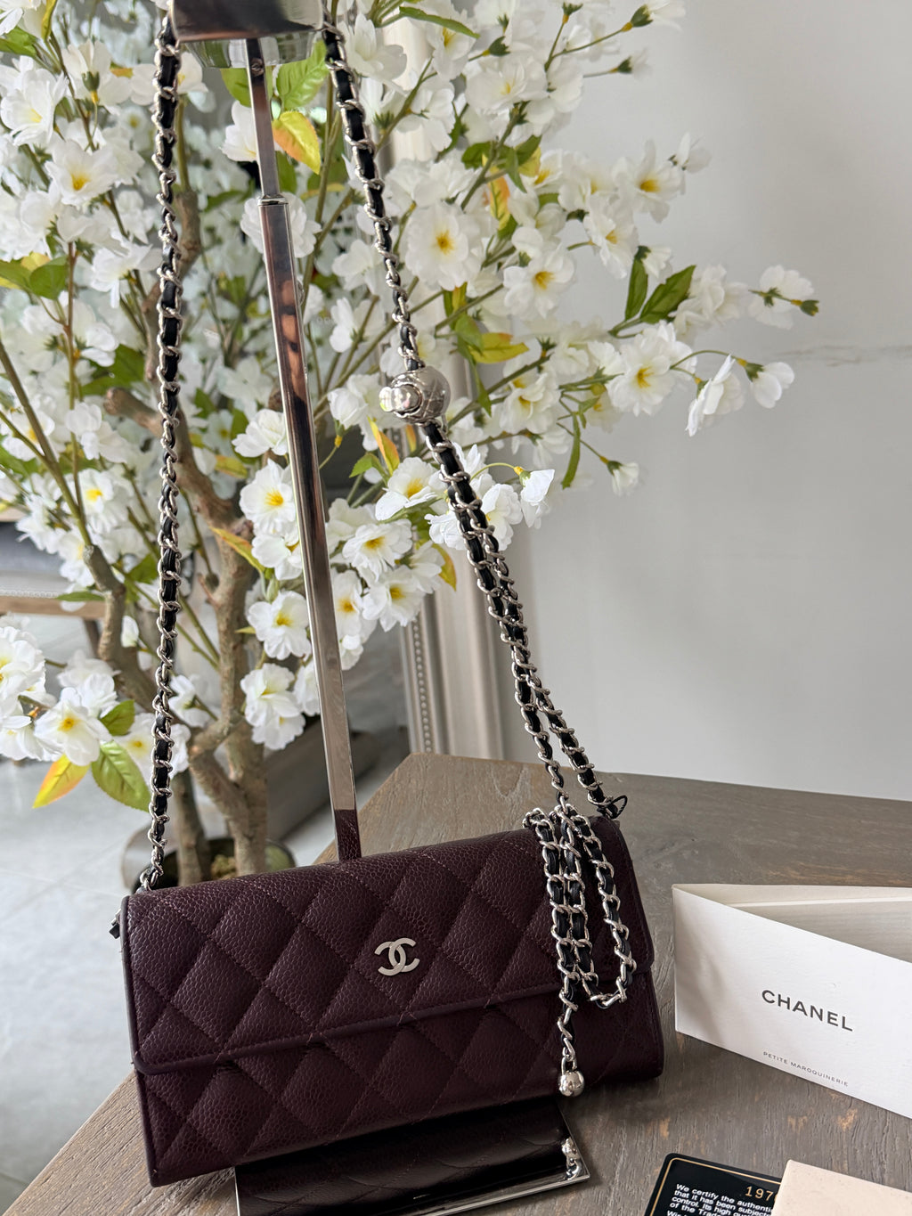 Chanel Long Flap Wallet Burgundy Caviar Leather Silver Hardware