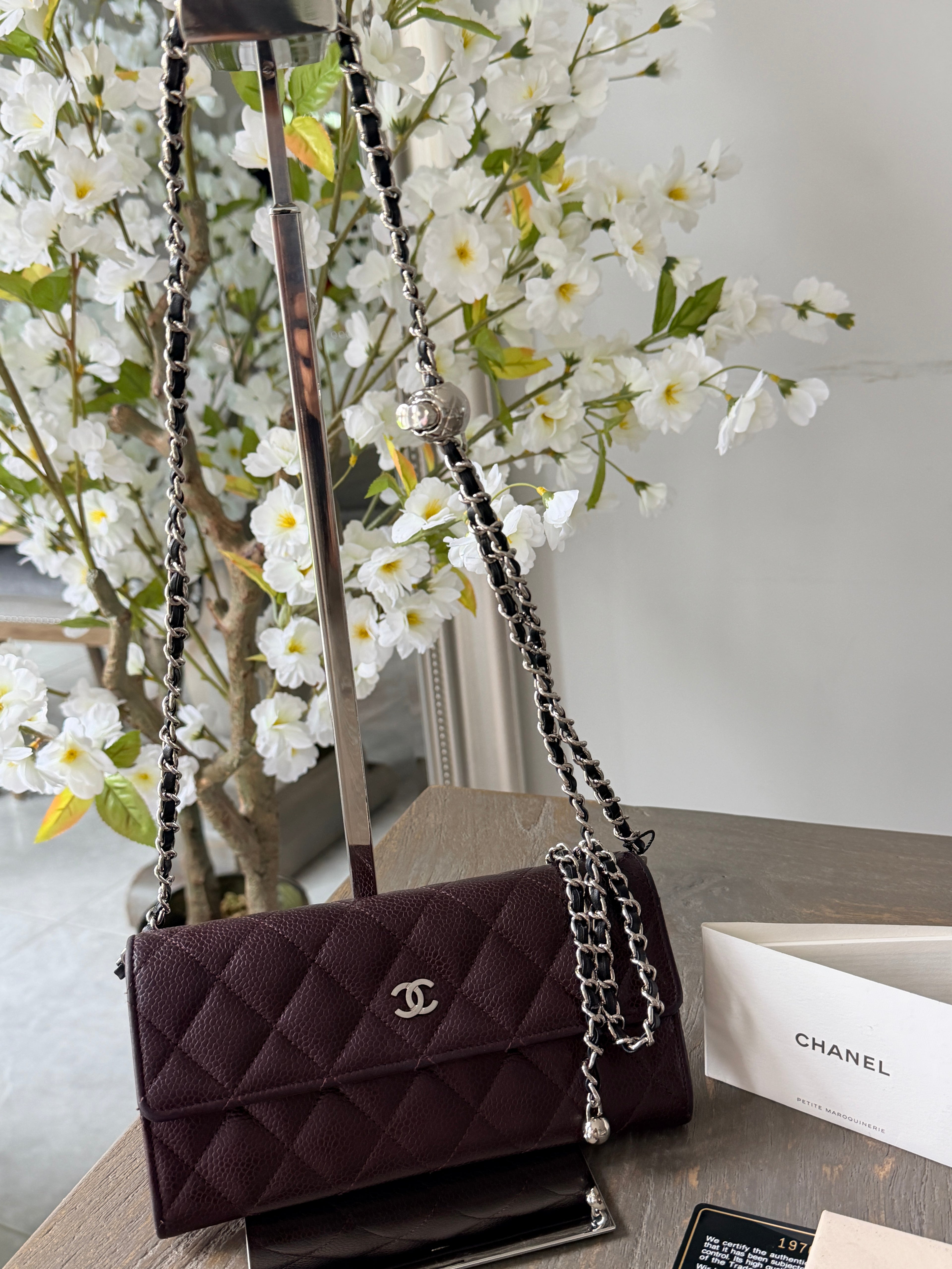 Chanel Long Flap Wallet Burgundy Caviar Leather Silver Hardware
