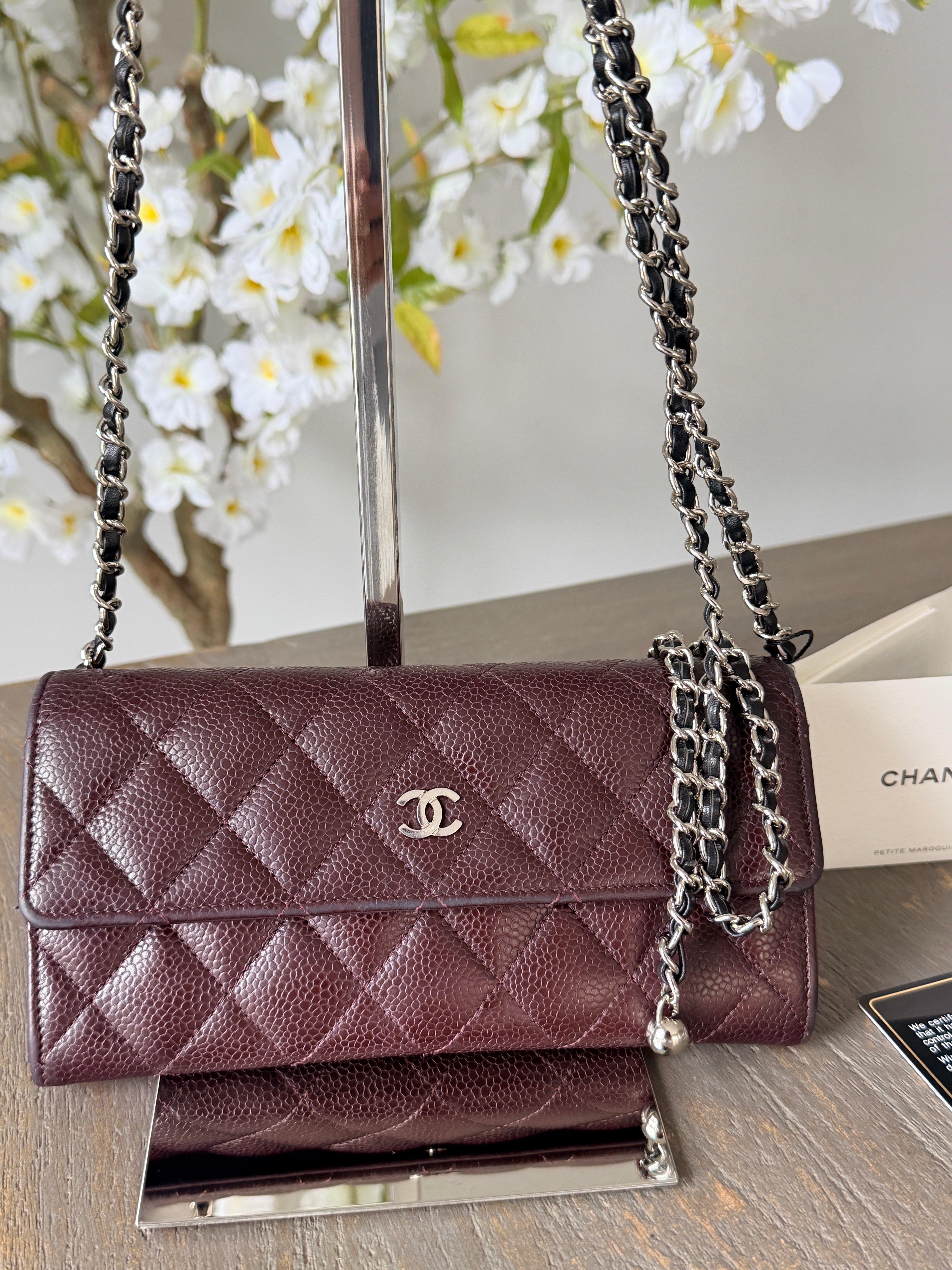 Chanel Long Flap Wallet Burgundy Caviar Leather Silver Hardware