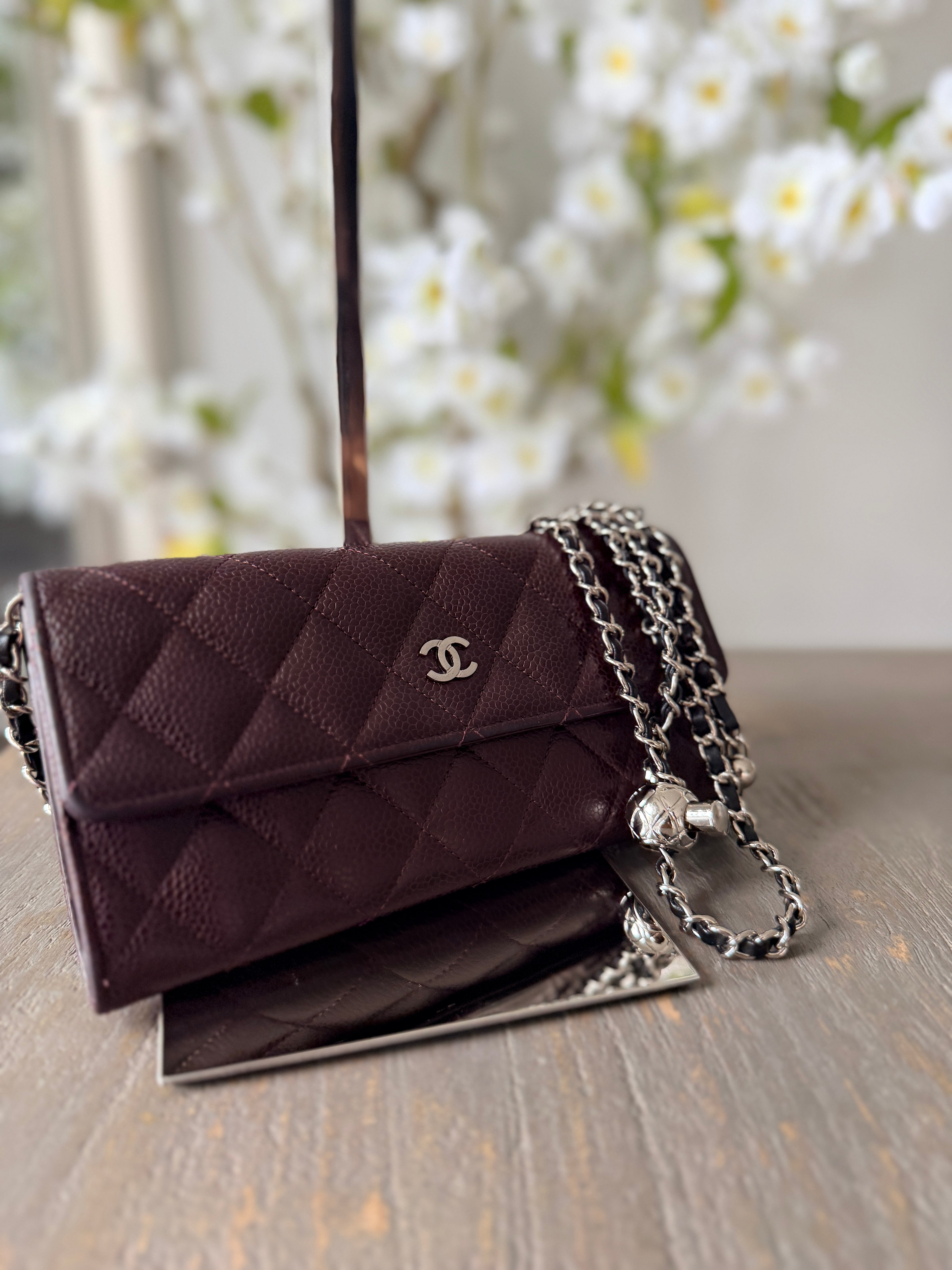 Chanel Long Flap Wallet Burgundy Caviar Leather Silver Hardware