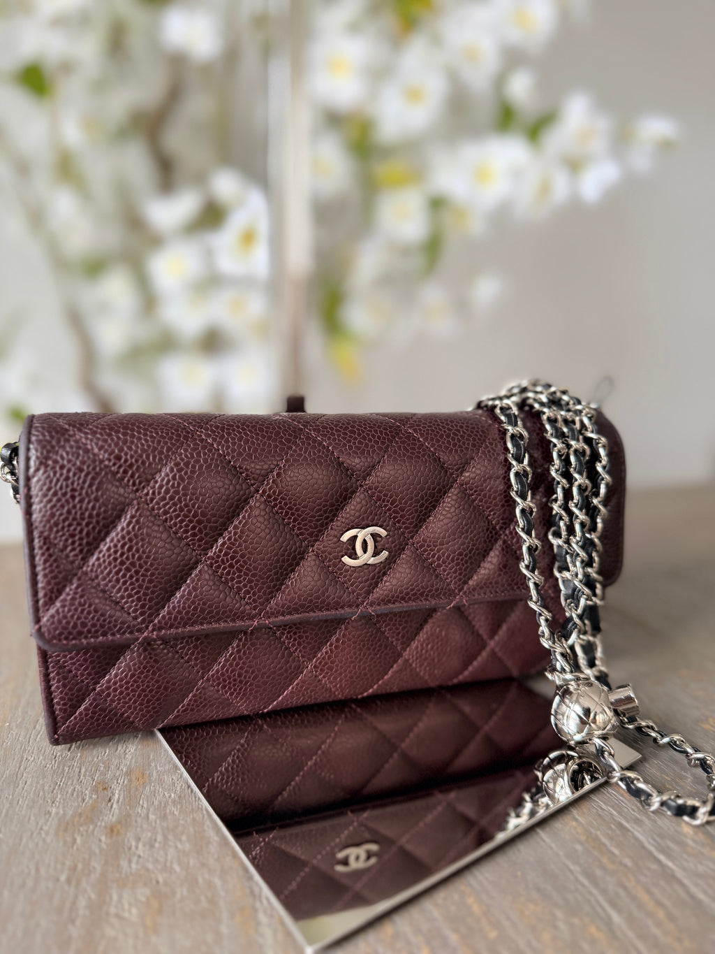 Chanel Long Flap Wallet Burgundy Caviar Leather Silver Hardware