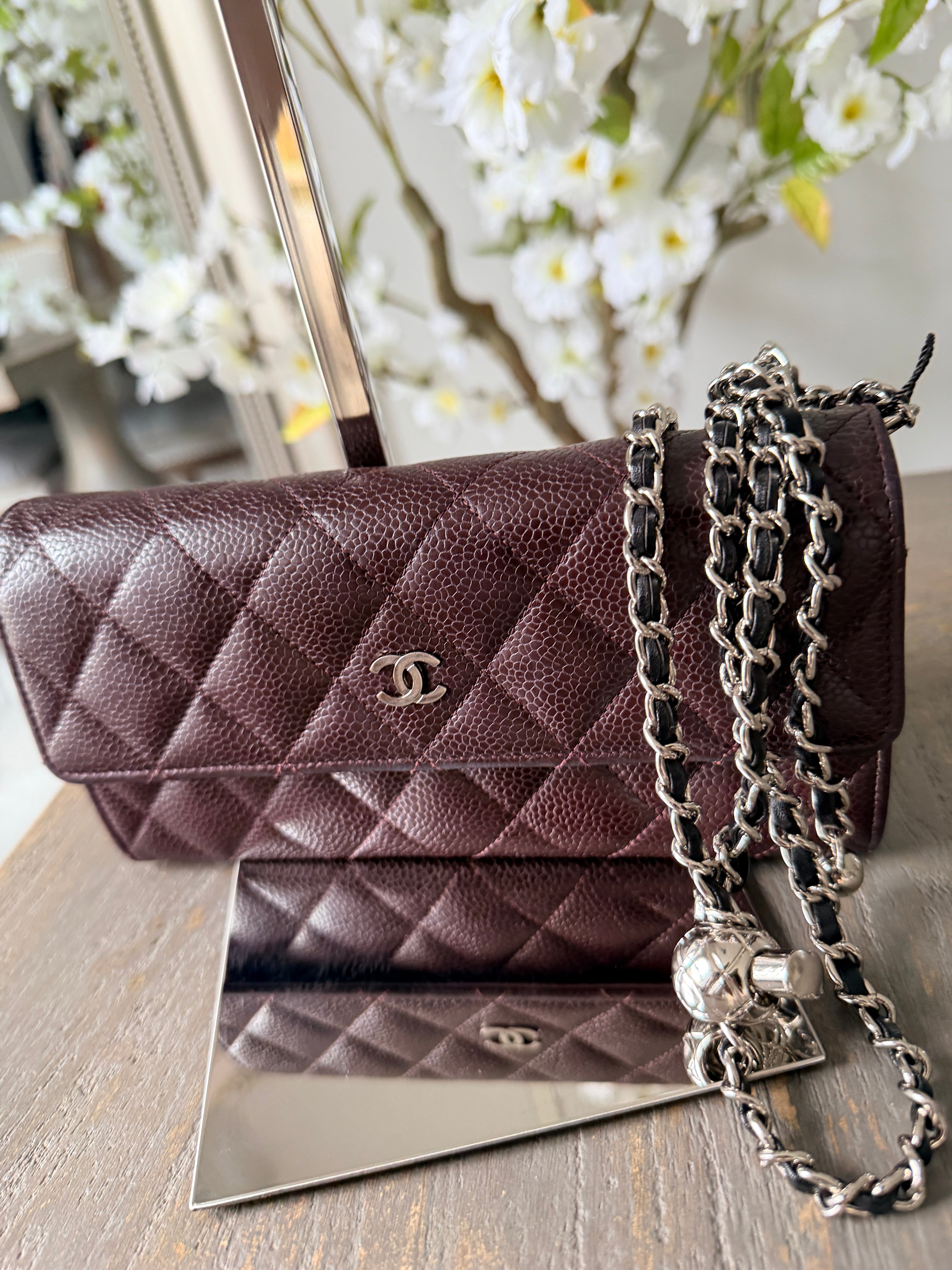 Chanel Long Flap Wallet Burgundy Caviar Leather Silver Hardware
