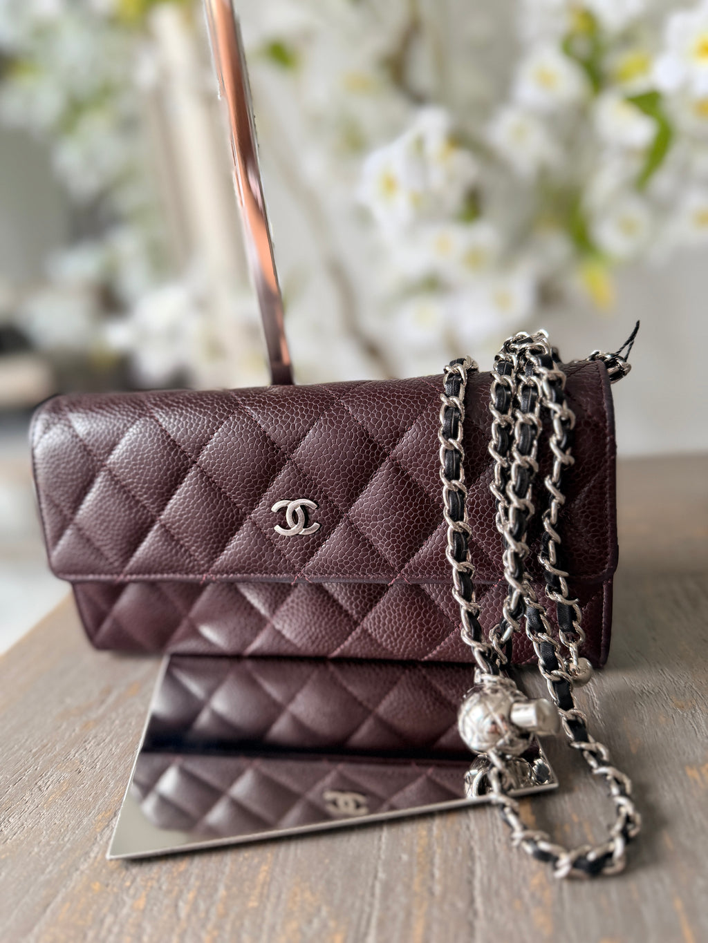 Chanel Long Flap Wallet Burgundy Caviar Leather Silver Hardware