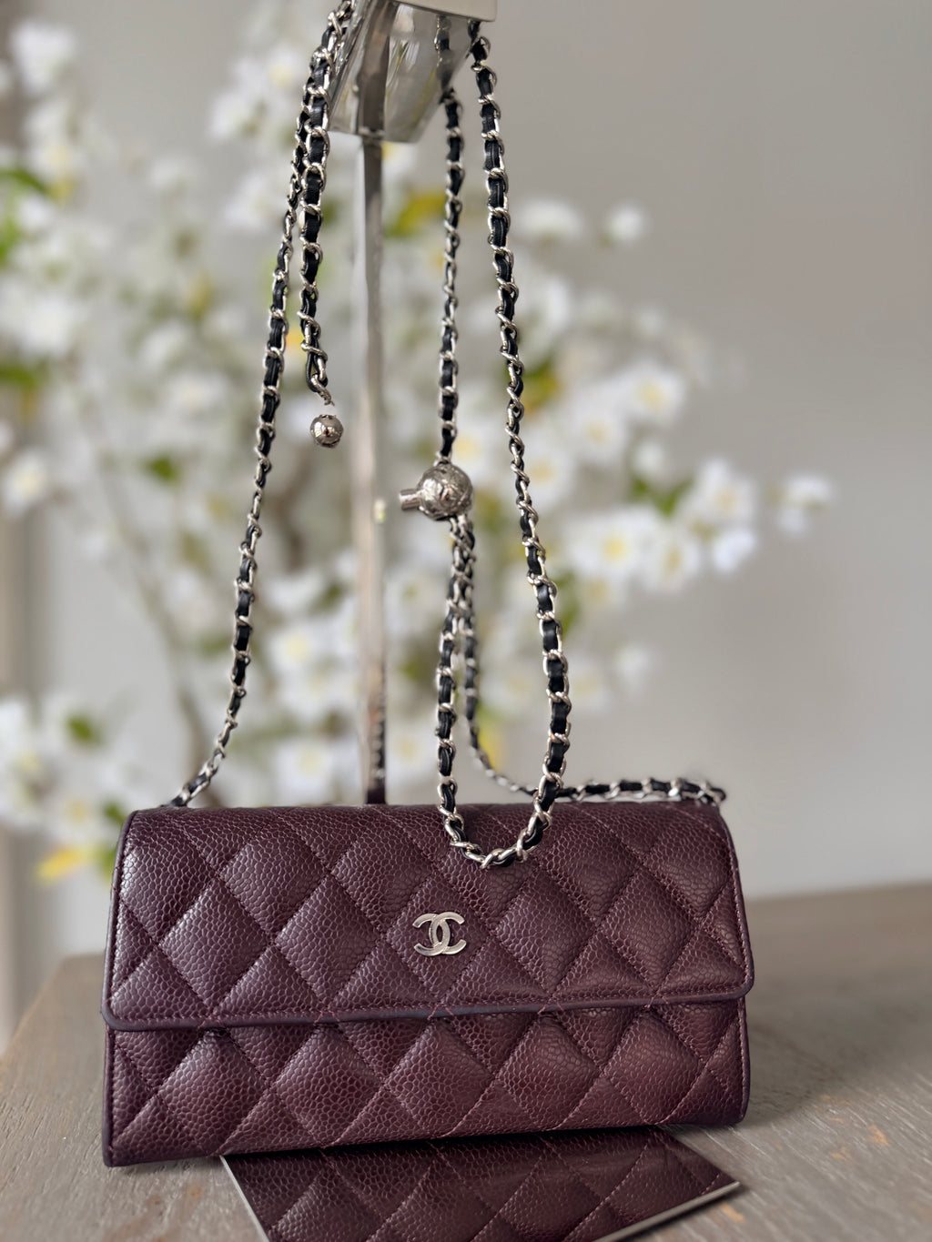 Chanel Long Flap Wallet Burgundy Caviar Leather Silver Hardware
