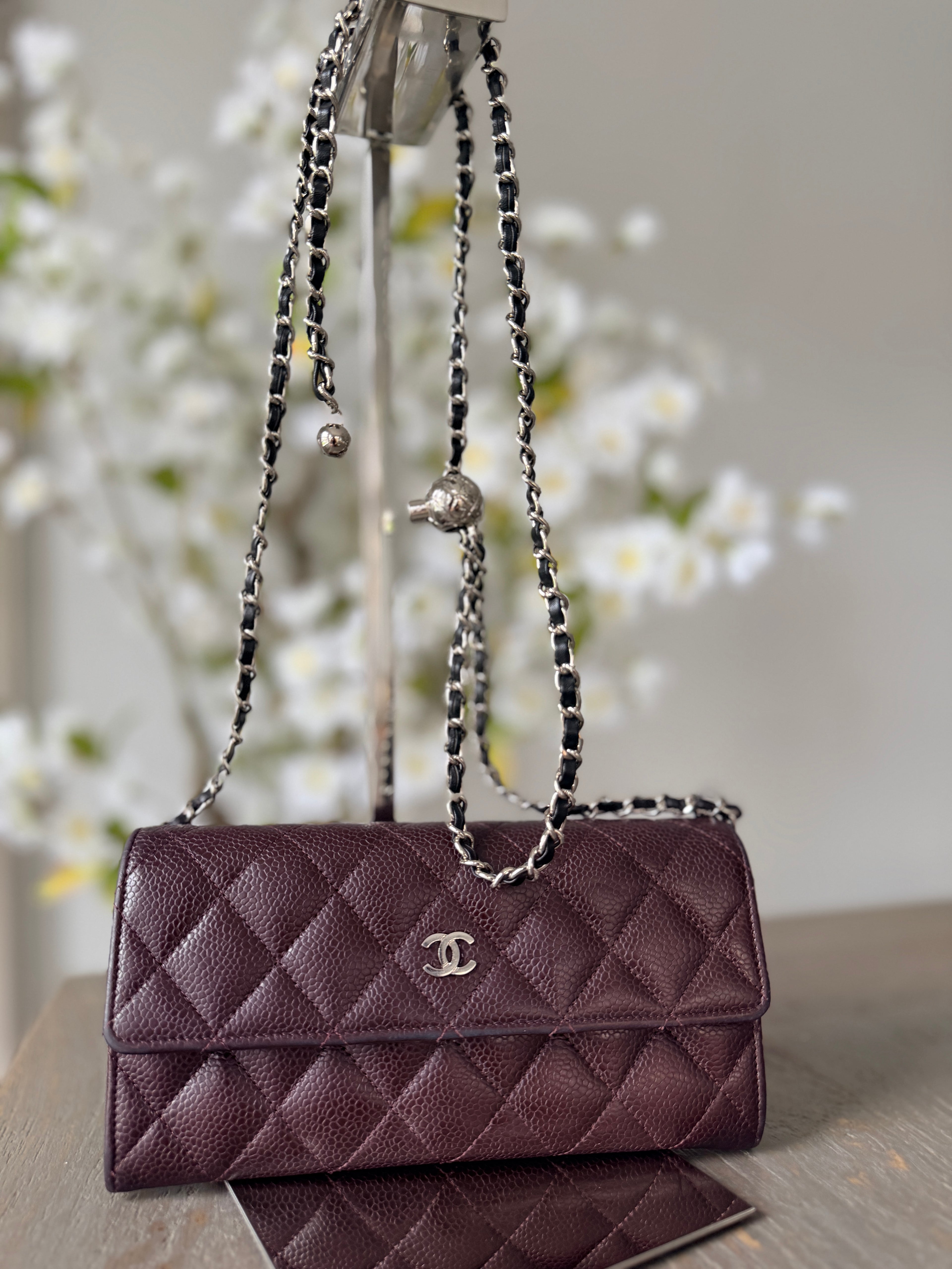 Chanel Long Flap Wallet Burgundy Caviar Leather Silver Hardware