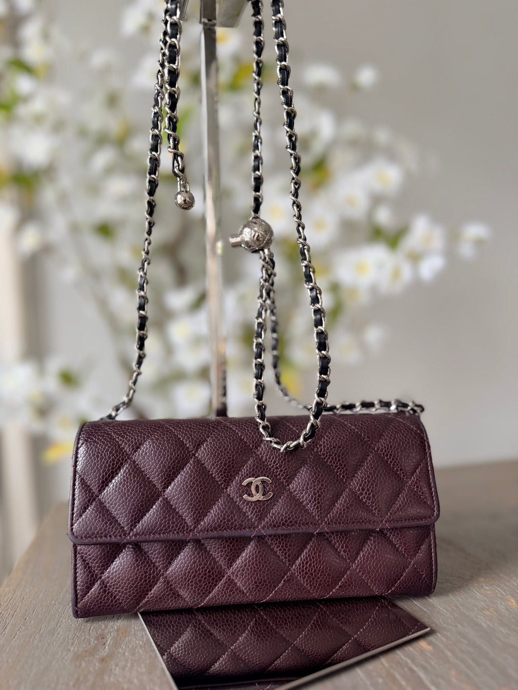 Chanel Long Flap Wallet Burgundy Caviar Leather Silver Hardware