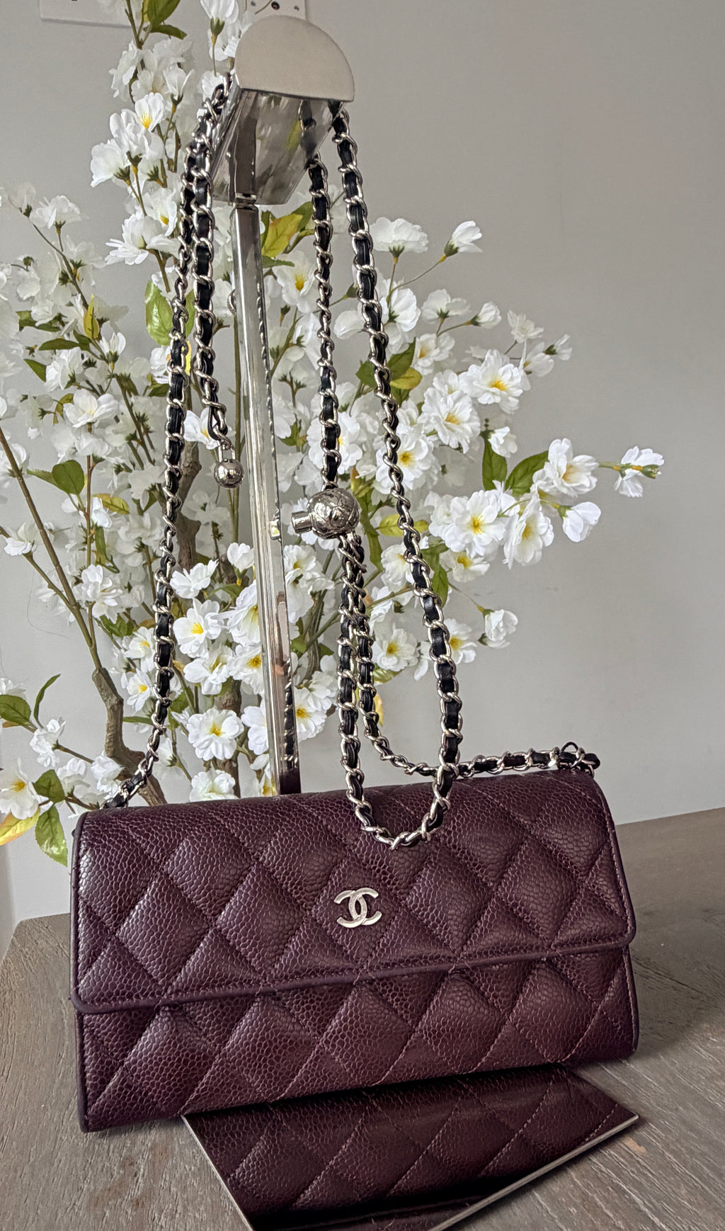 Chanel Long Flap Wallet Burgundy Caviar Leather Silver Hardware
