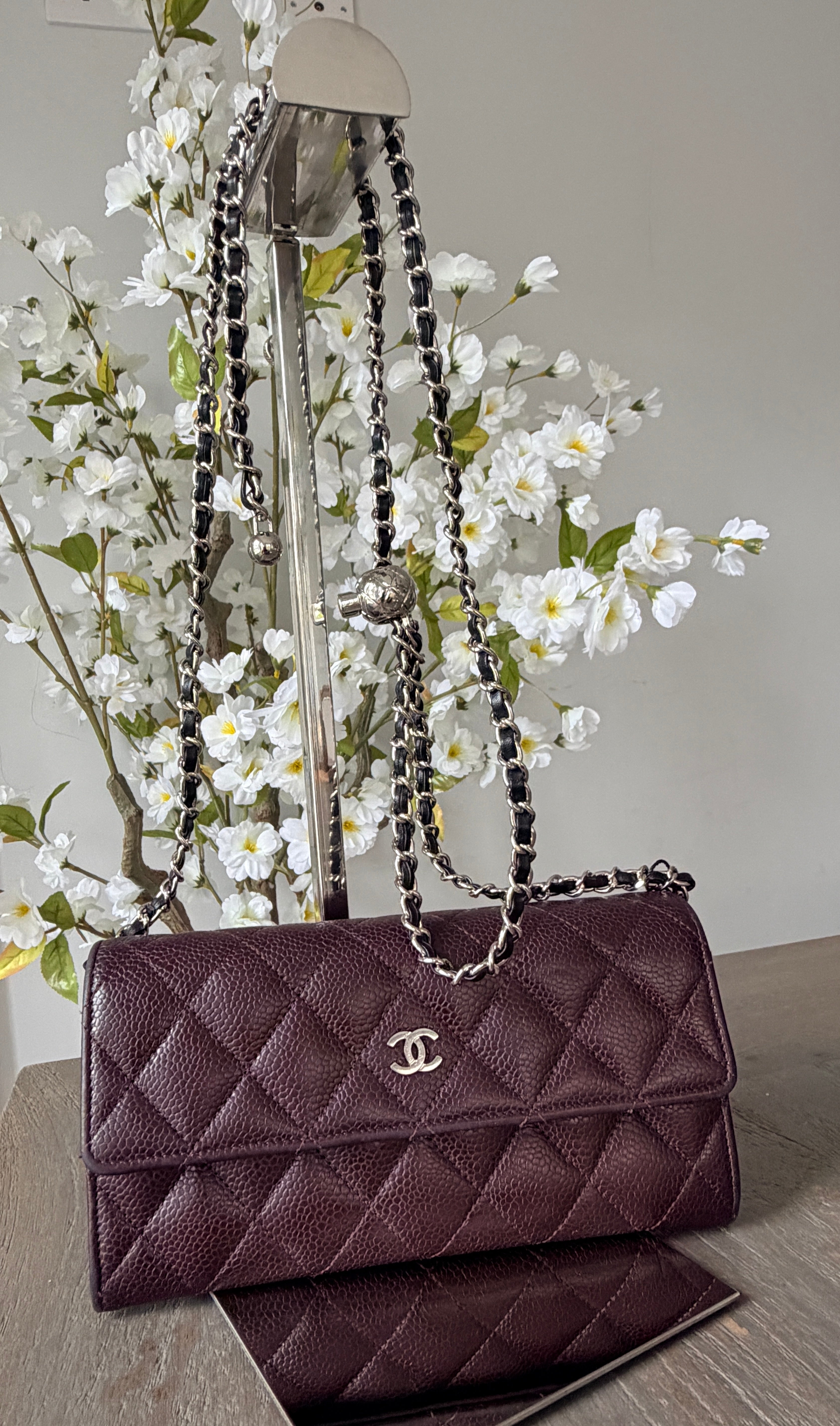 Chanel Long Flap Wallet Burgundy Caviar Leather Silver Hardware