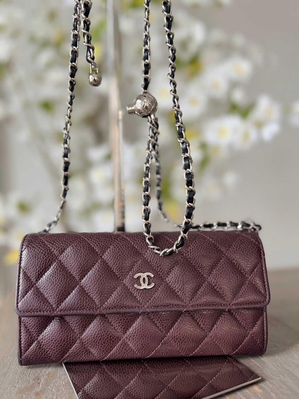 Chanel Long Flap Wallet Burgundy Caviar Leather Silver Hardware
