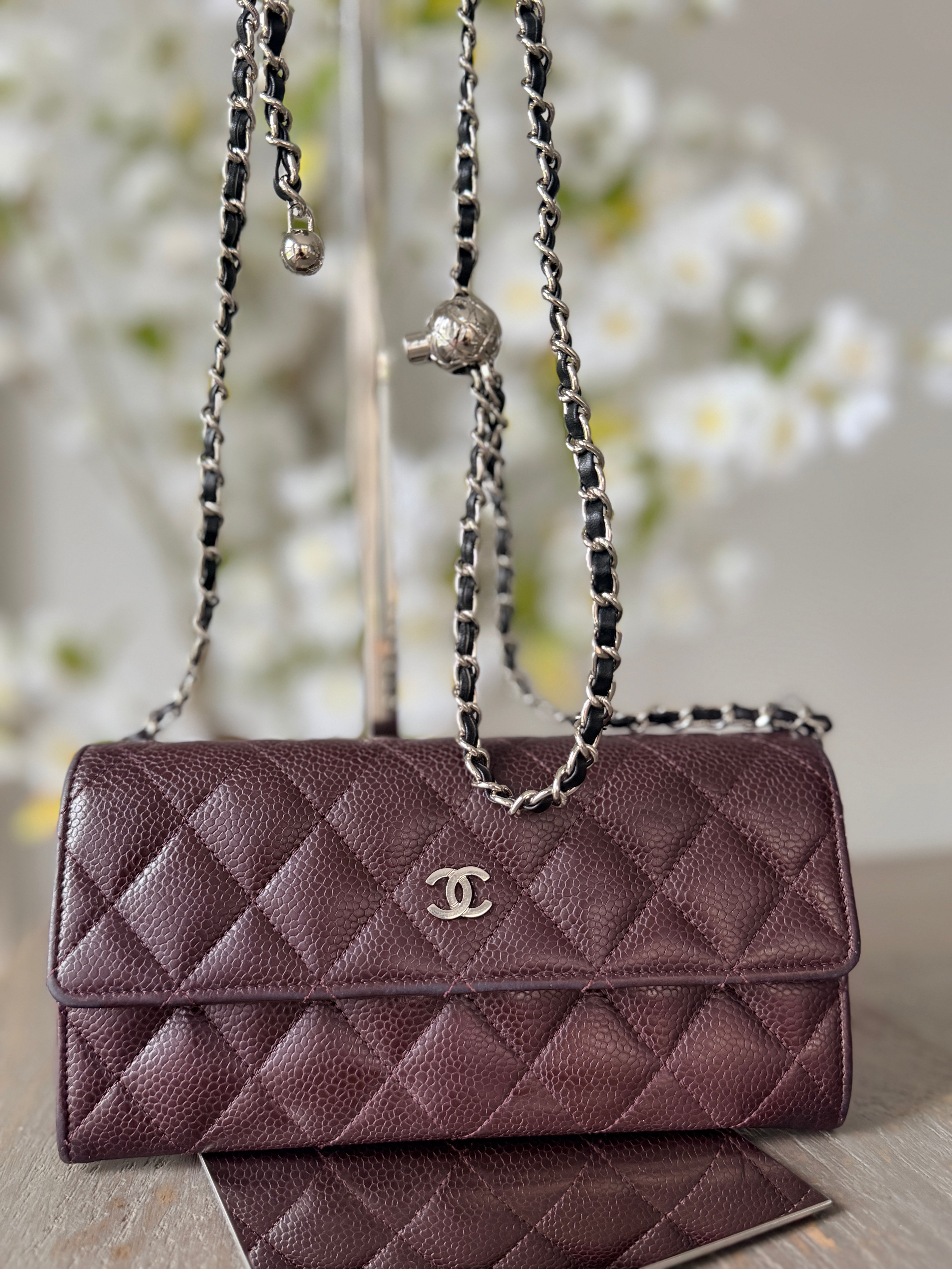 Chanel Long Flap Wallet Burgundy Caviar Leather Silver Hardware