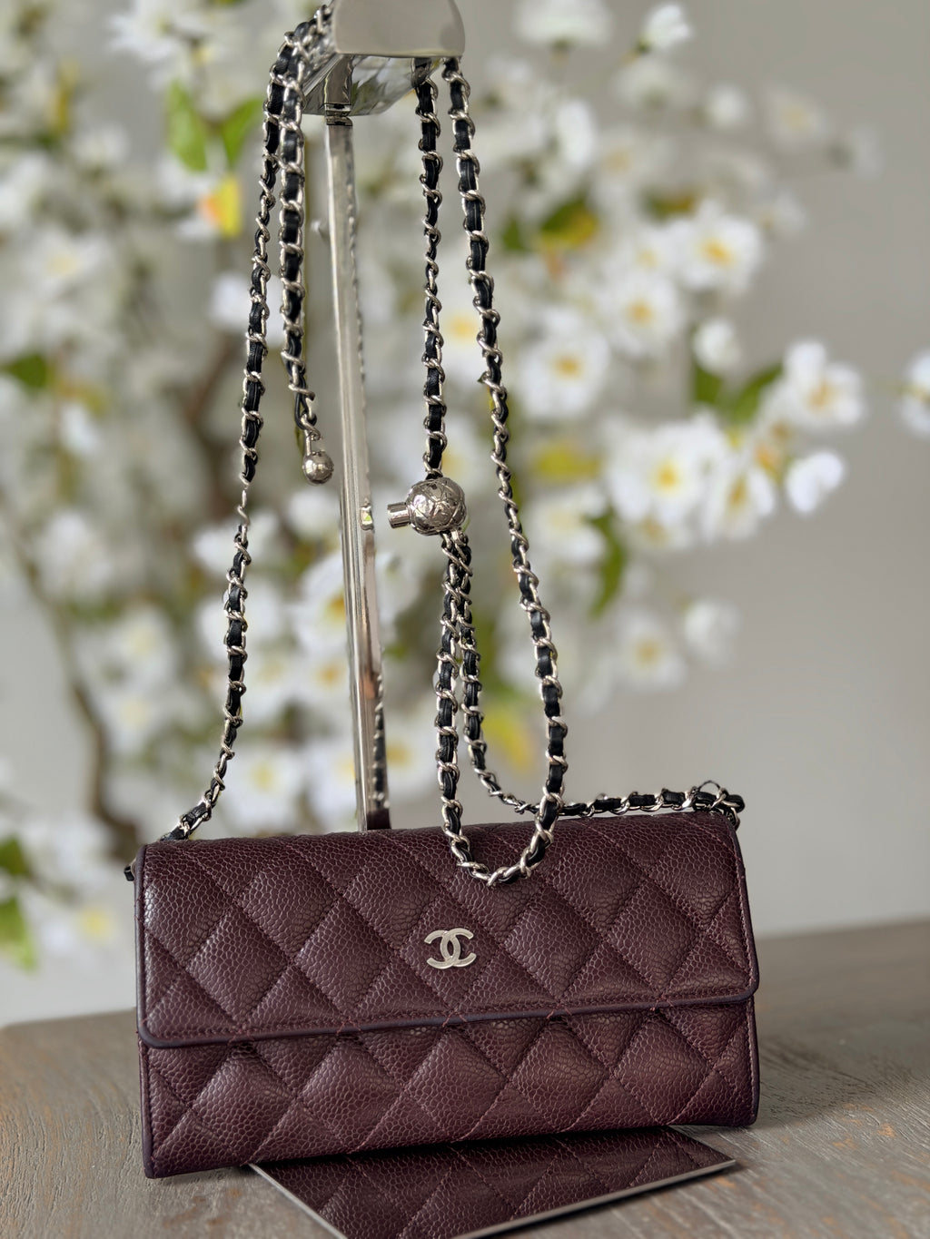Chanel Long Flap Wallet Burgundy Caviar Leather Silver Hardware