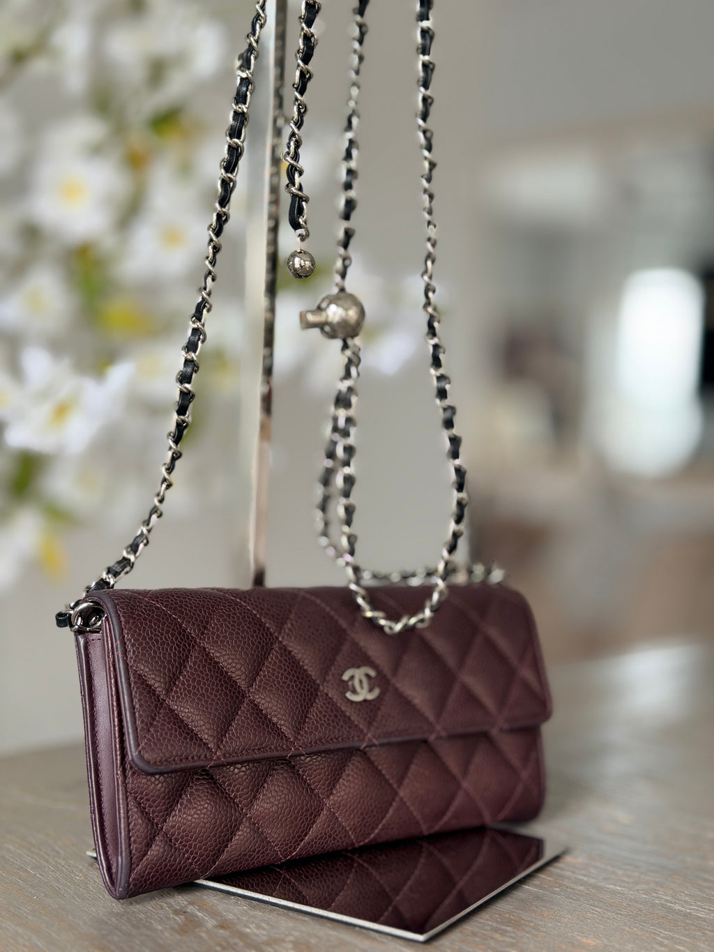 Chanel Long Flap Wallet Burgundy Caviar Leather Silver Hardware