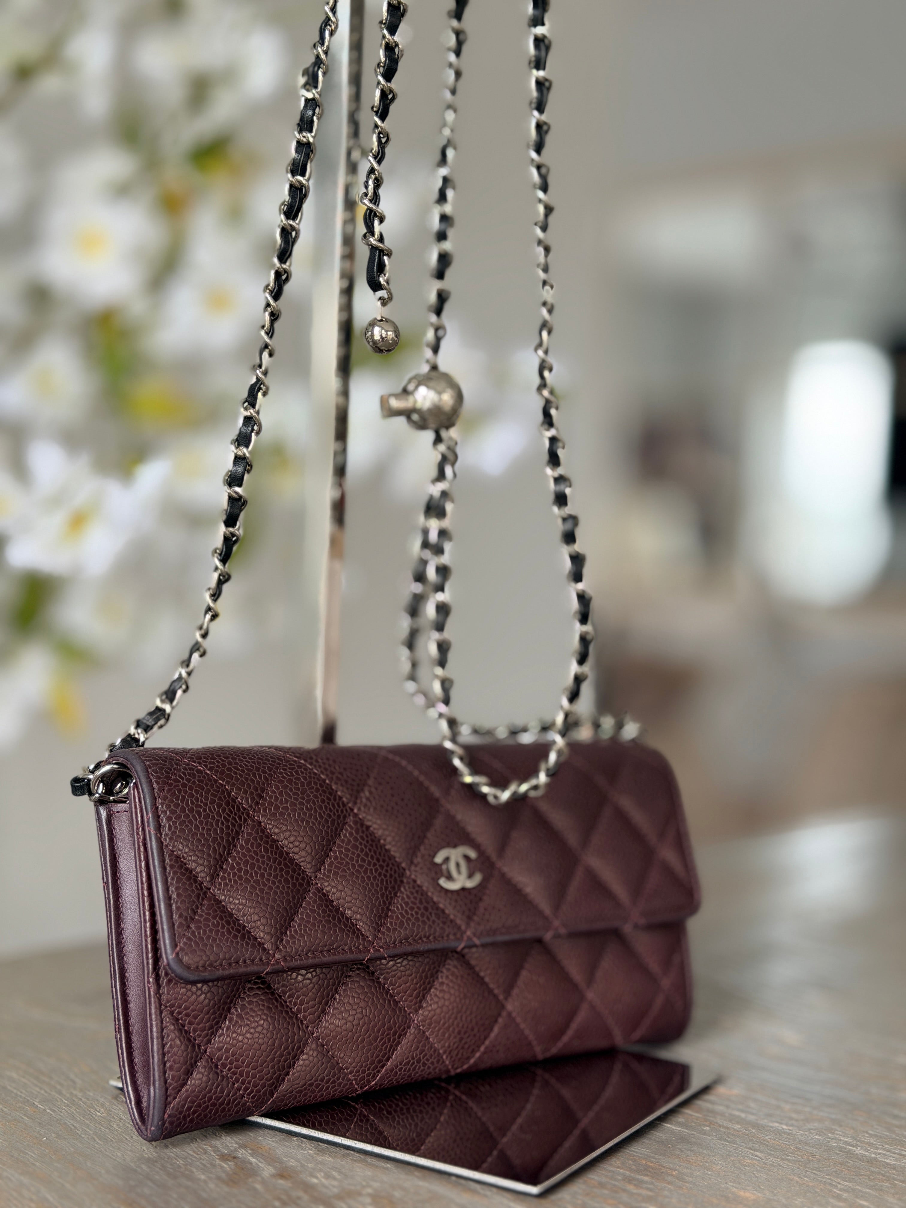Chanel Long Flap Wallet Burgundy Caviar Leather Silver Hardware