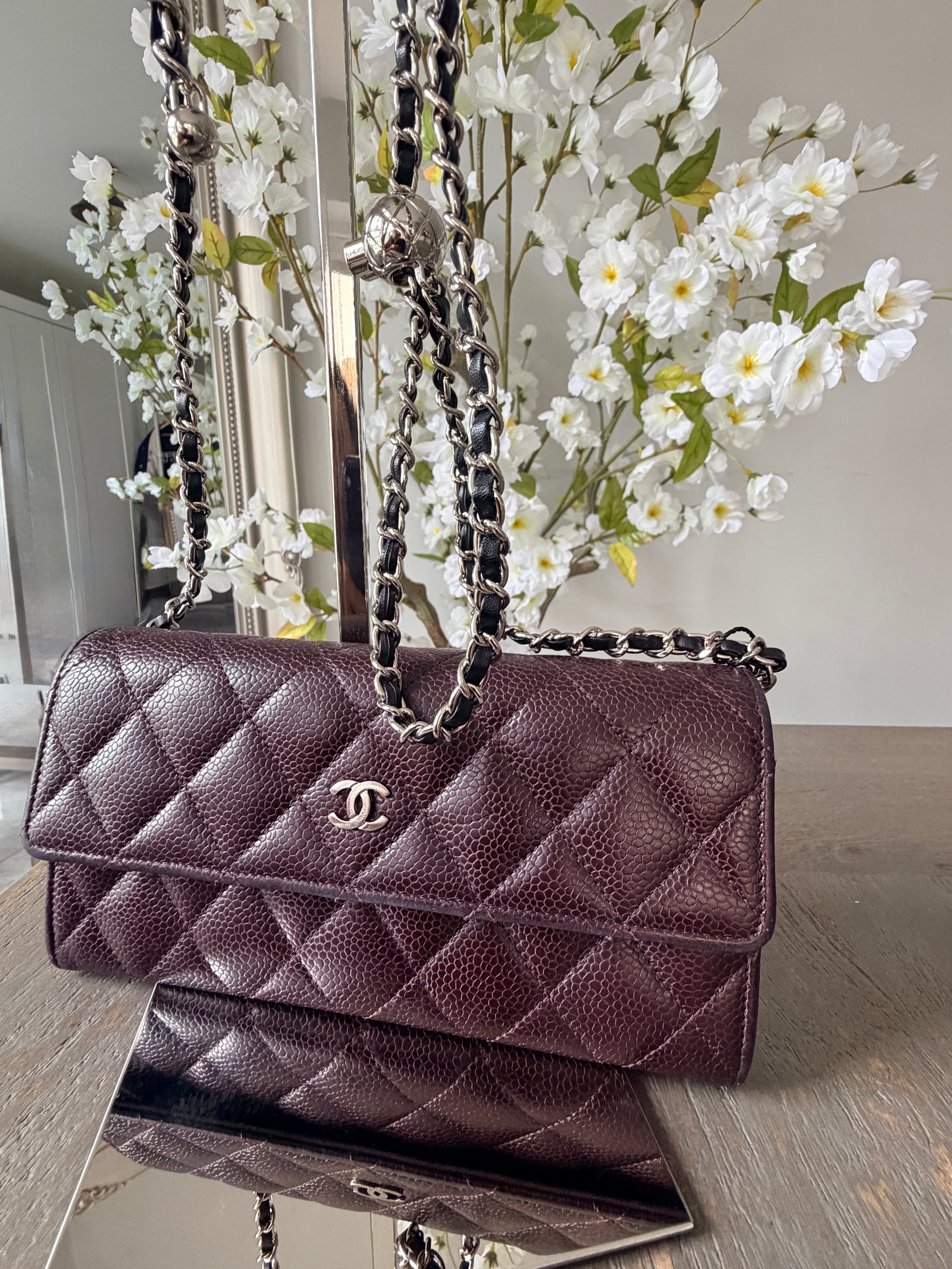 Chanel Long Flap Wallet Burgundy Caviar Leather Silver Hardware
