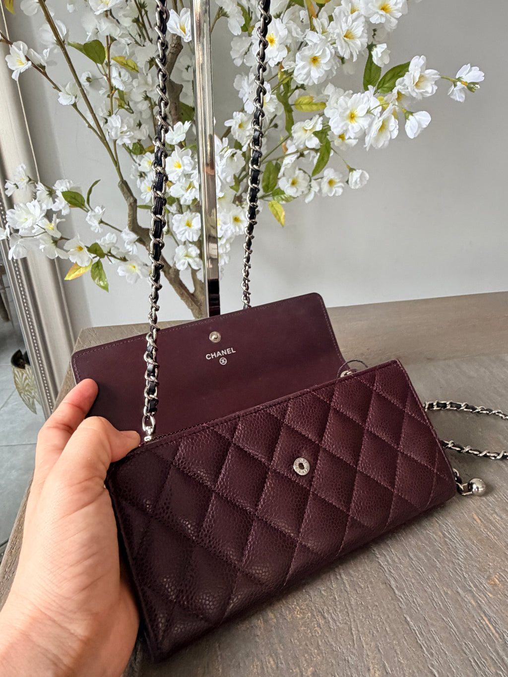 Chanel Long Flap Wallet Burgundy Caviar Leather Silver Hardware