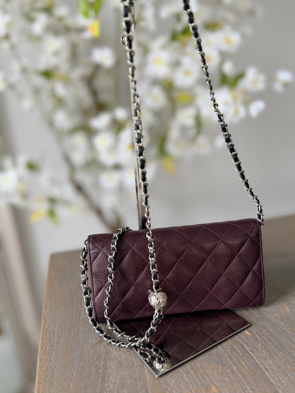 Chanel Long Flap Wallet Burgundy Caviar Leather Silver Hardware