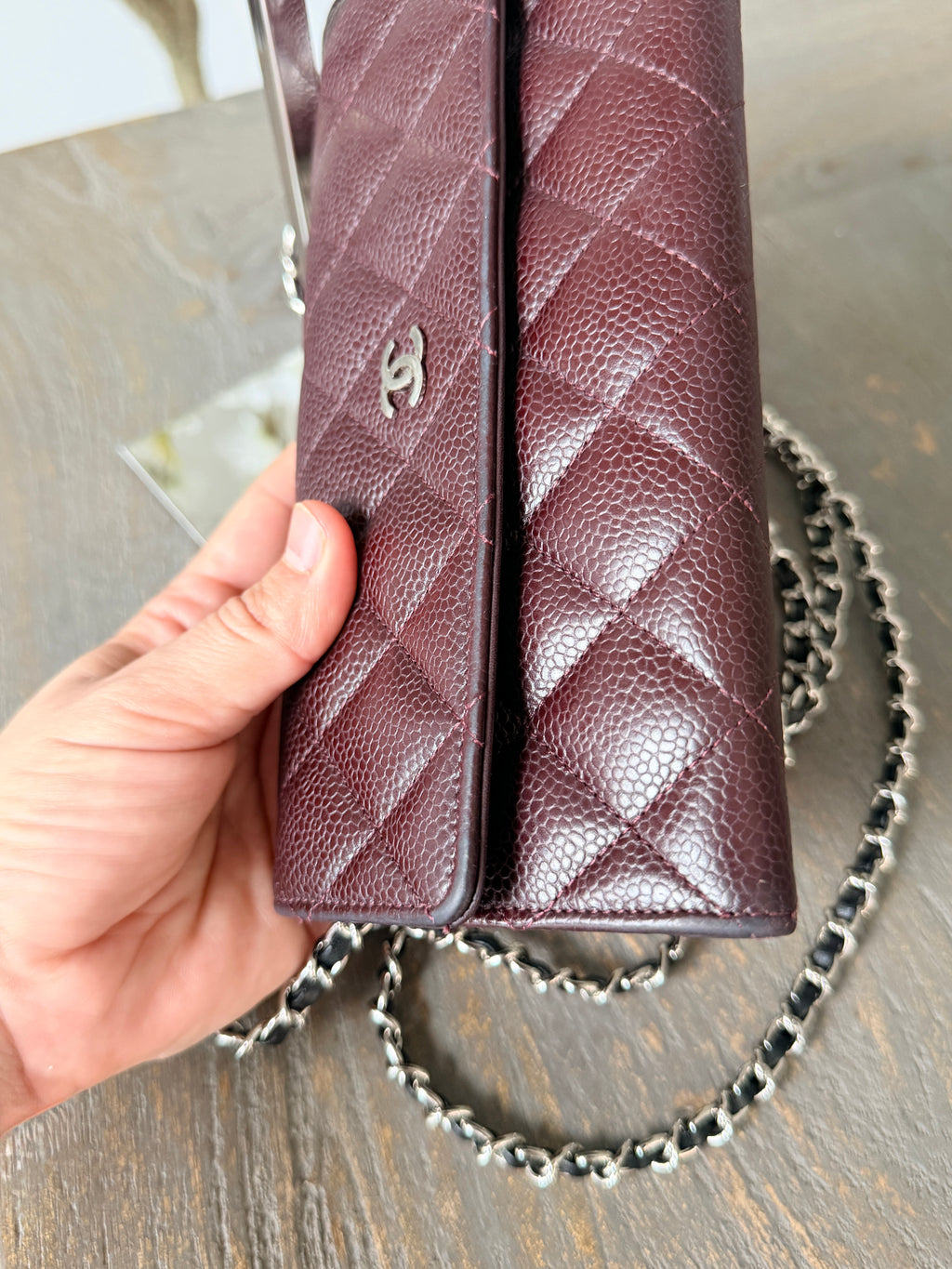 Chanel Long Flap Wallet Burgundy Caviar Leather Silver Hardware