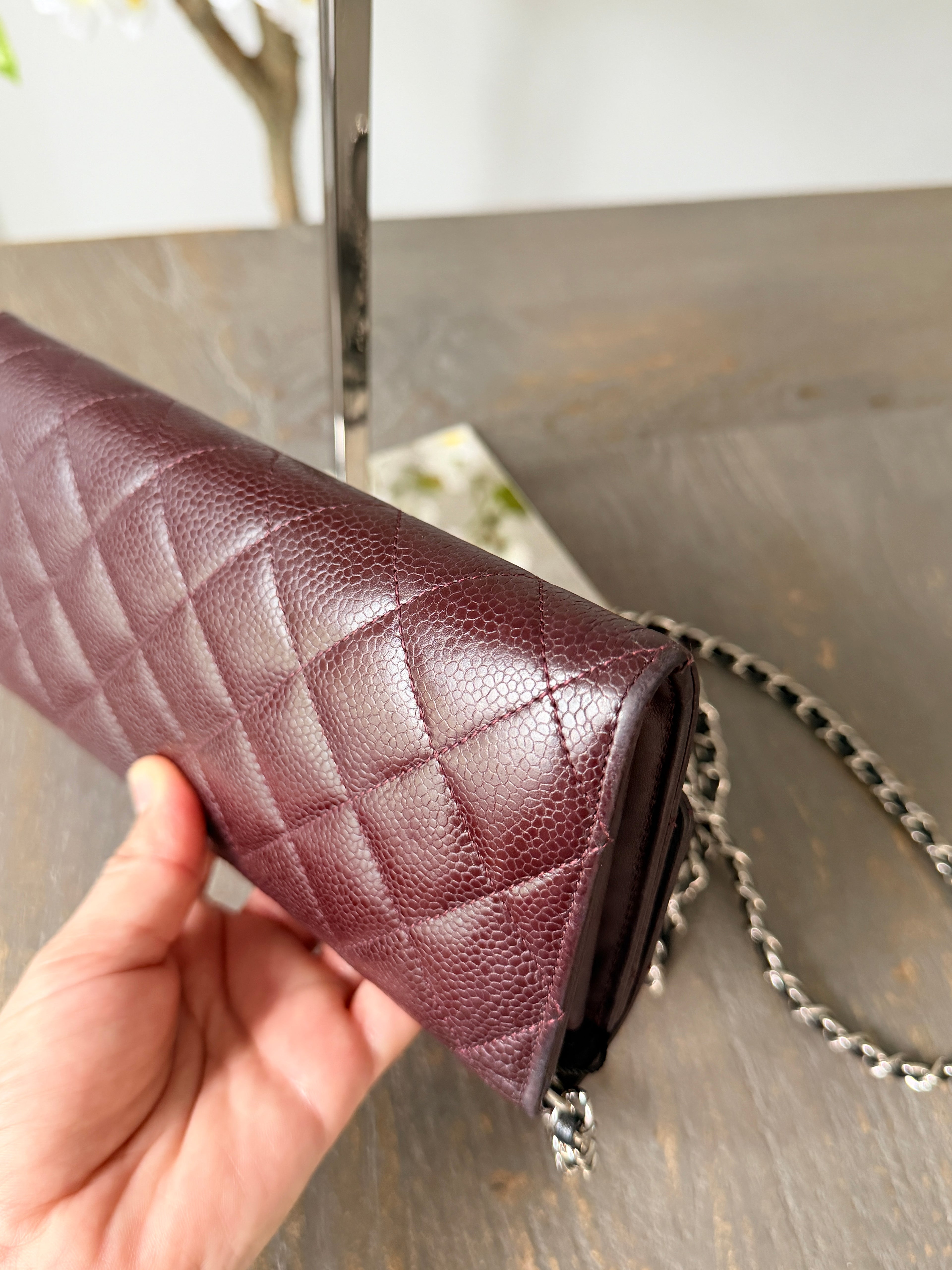 Chanel Long Flap Wallet Burgundy Caviar Leather Silver Hardware
