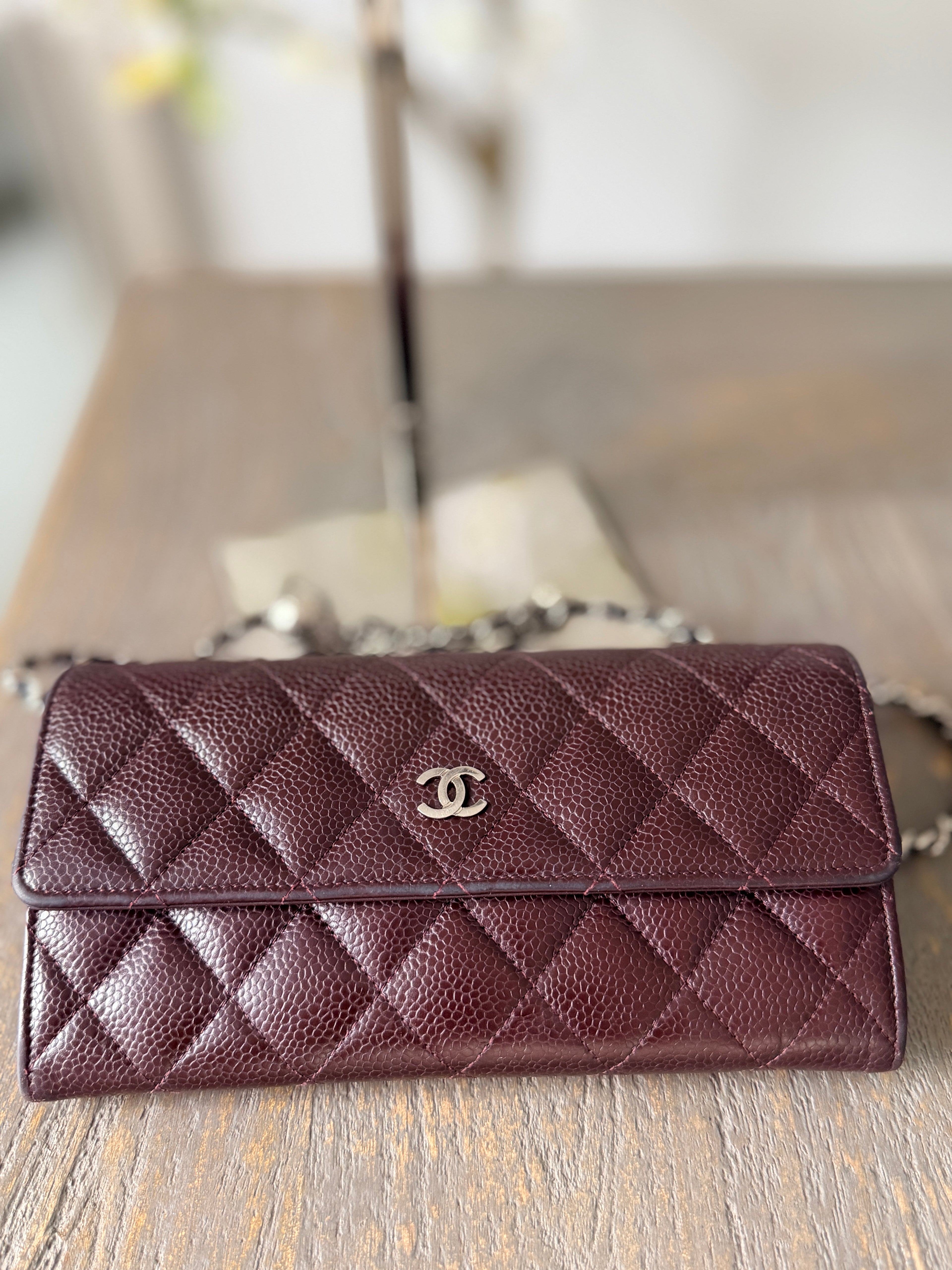 Chanel Long Flap Wallet Burgundy Caviar Leather Silver Hardware