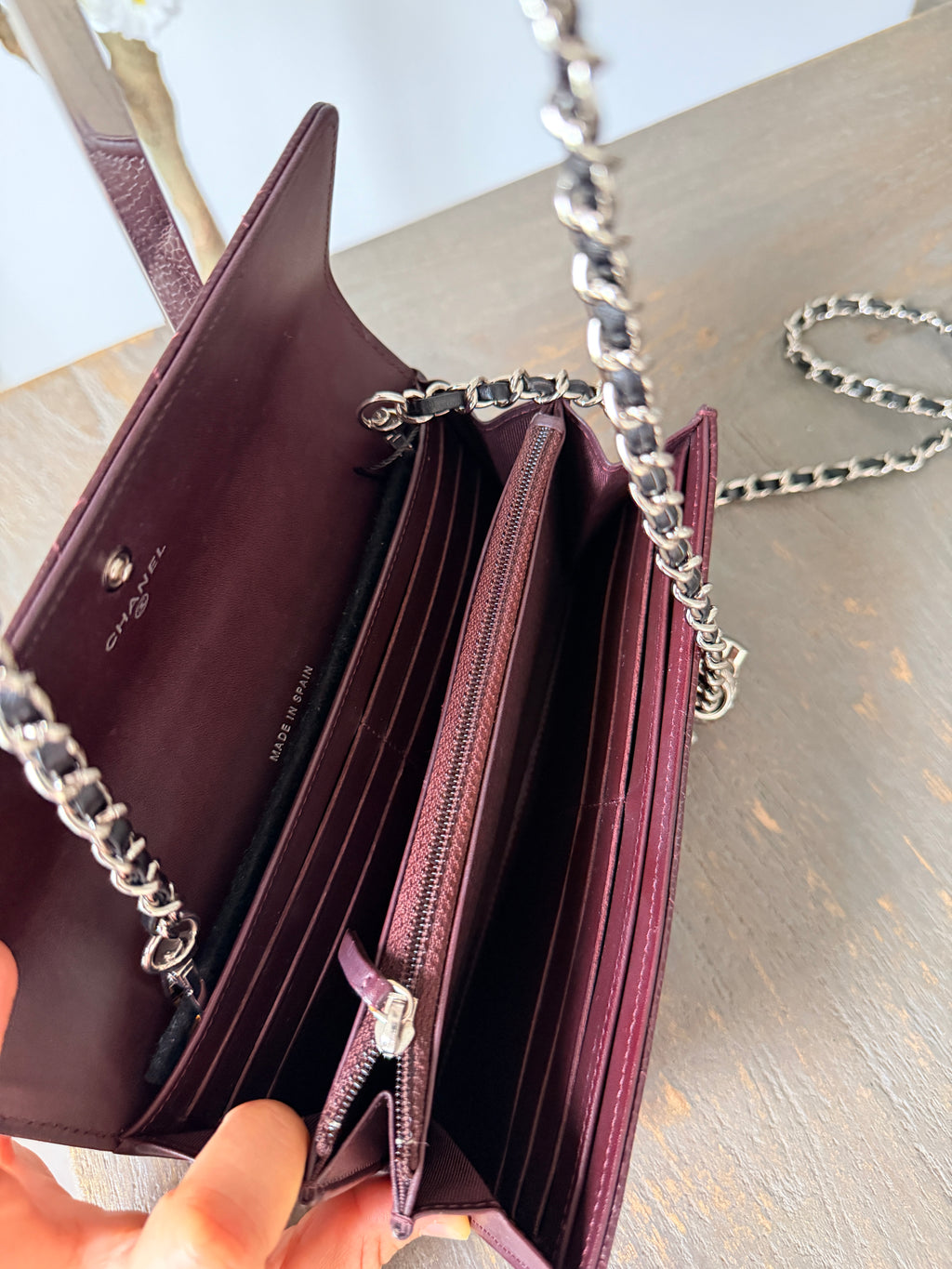 Chanel Long Flap Wallet Burgundy Caviar Leather Silver Hardware
