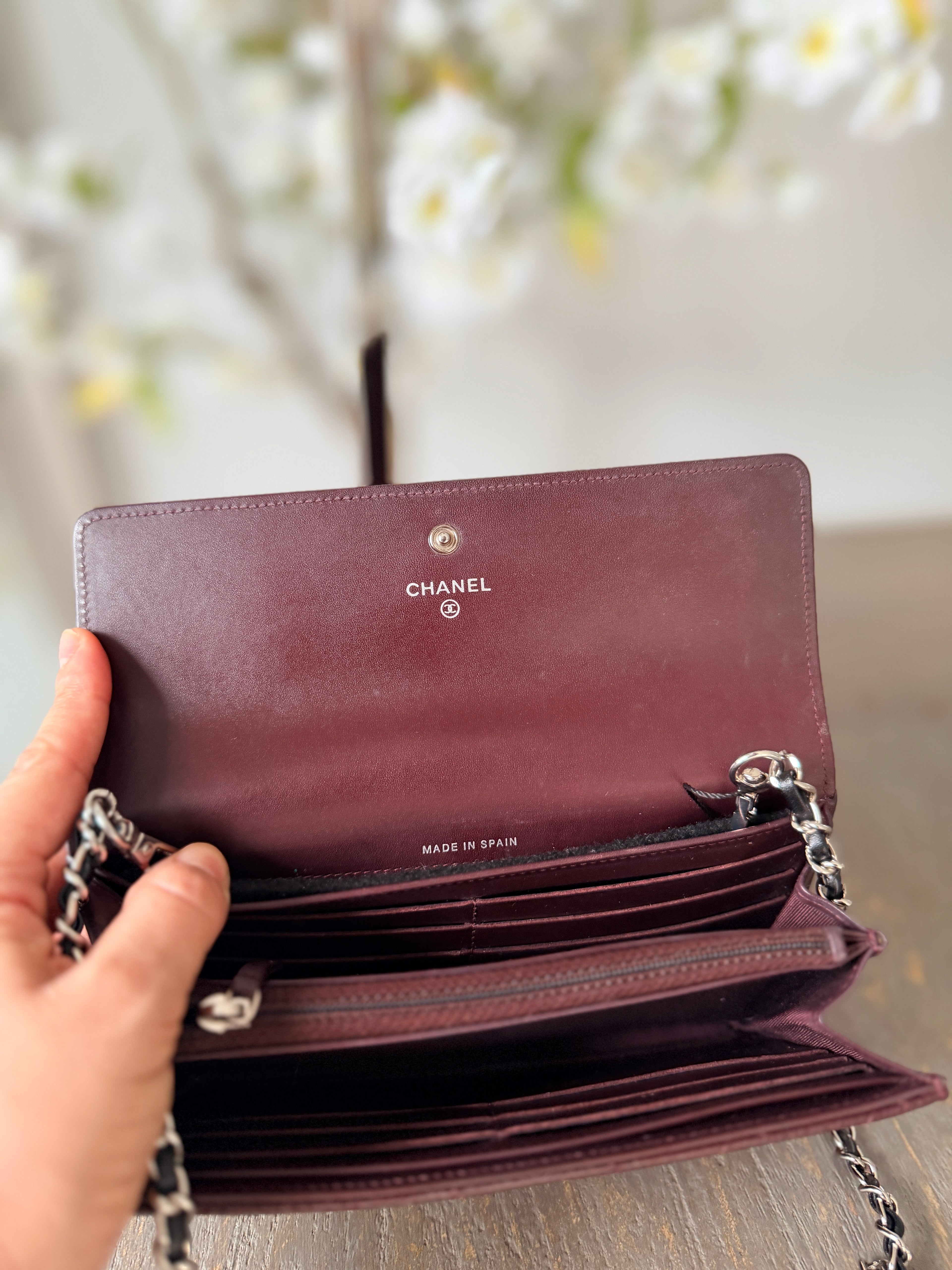 Chanel Long Flap Wallet Burgundy Caviar Leather Silver Hardware