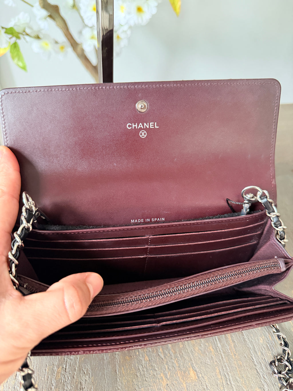 Chanel Long Flap Wallet Burgundy Caviar Leather Silver Hardware