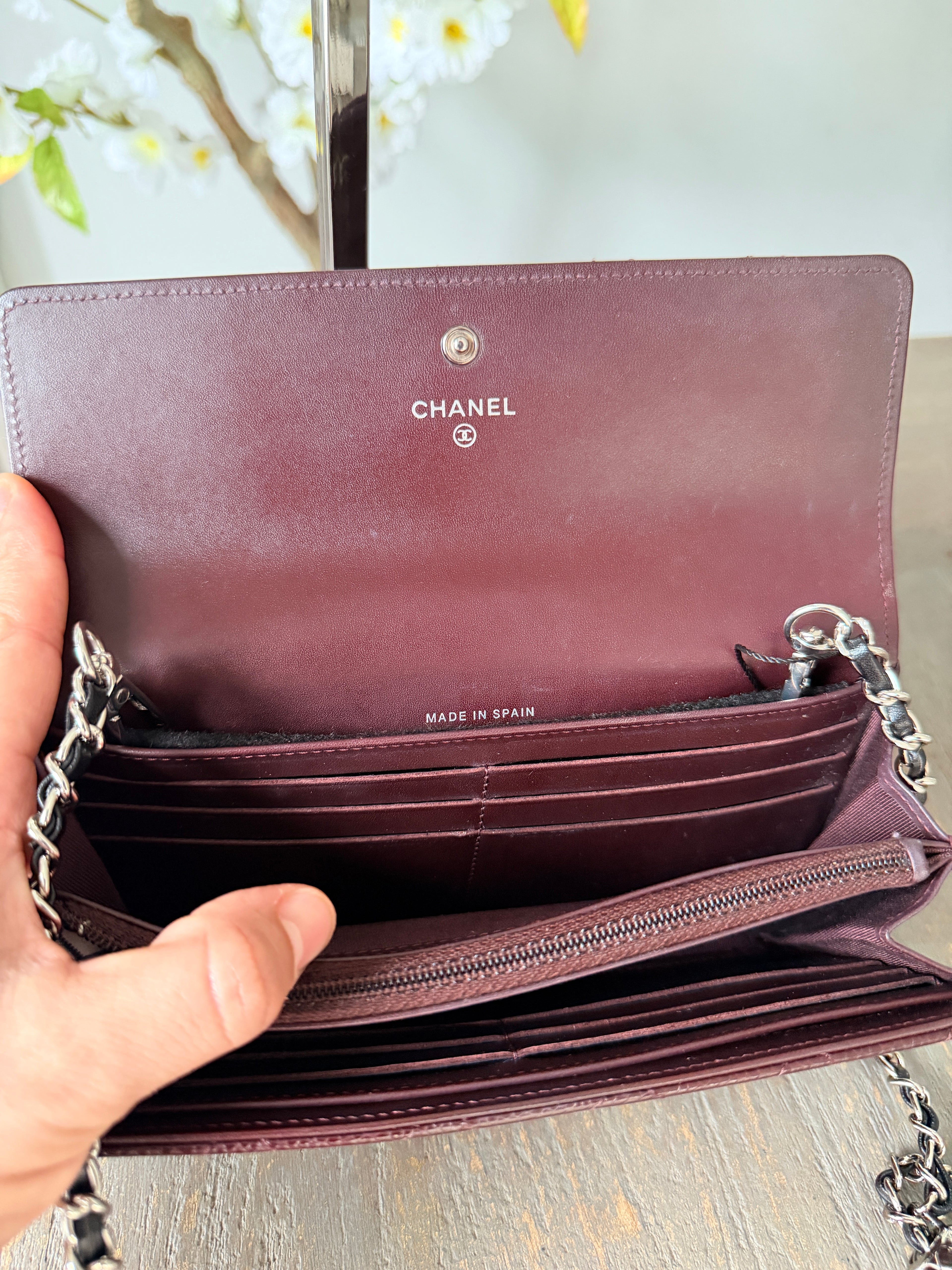 Chanel Long Flap Wallet Burgundy Caviar Leather Silver Hardware