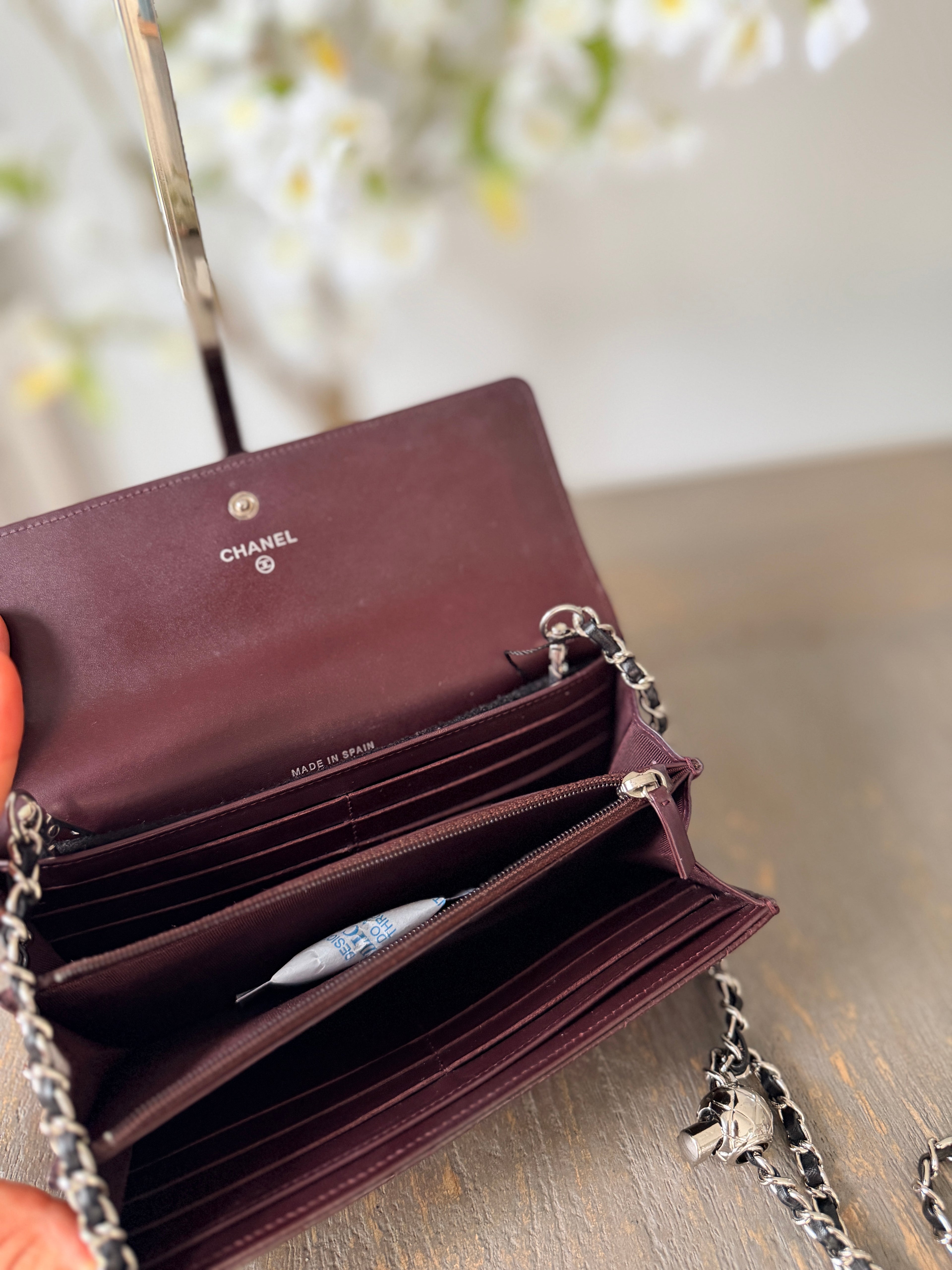 Chanel Long Flap Wallet Burgundy Caviar Leather Silver Hardware