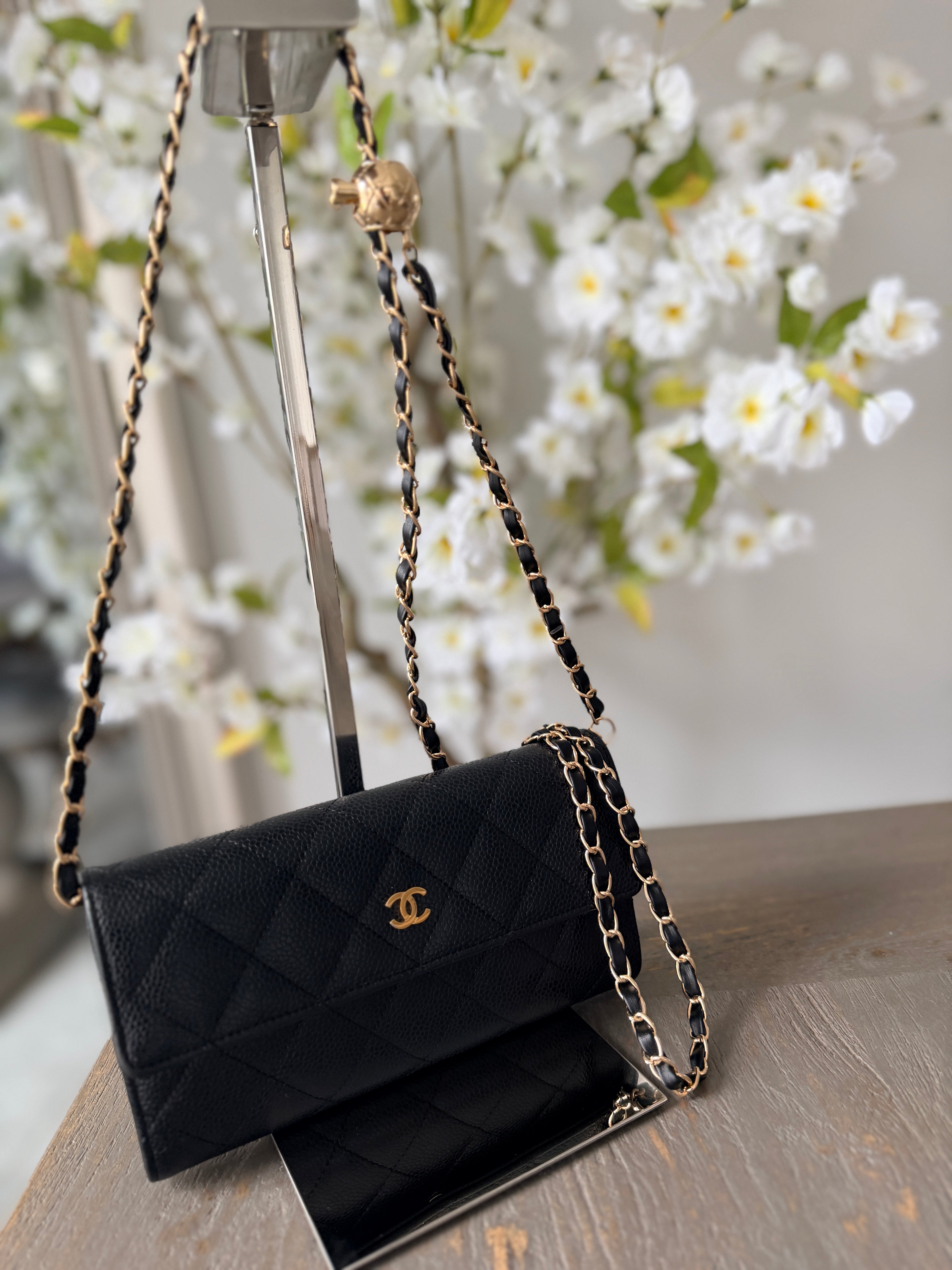 Chanel Gusset Long Wallet Black Caviar Leather Gold Hardware