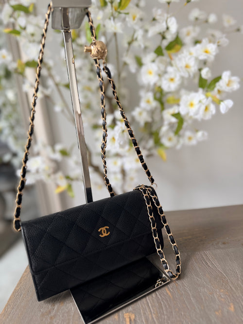 Chanel Gusset Long Wallet Black Caviar Leather Gold Hardware
