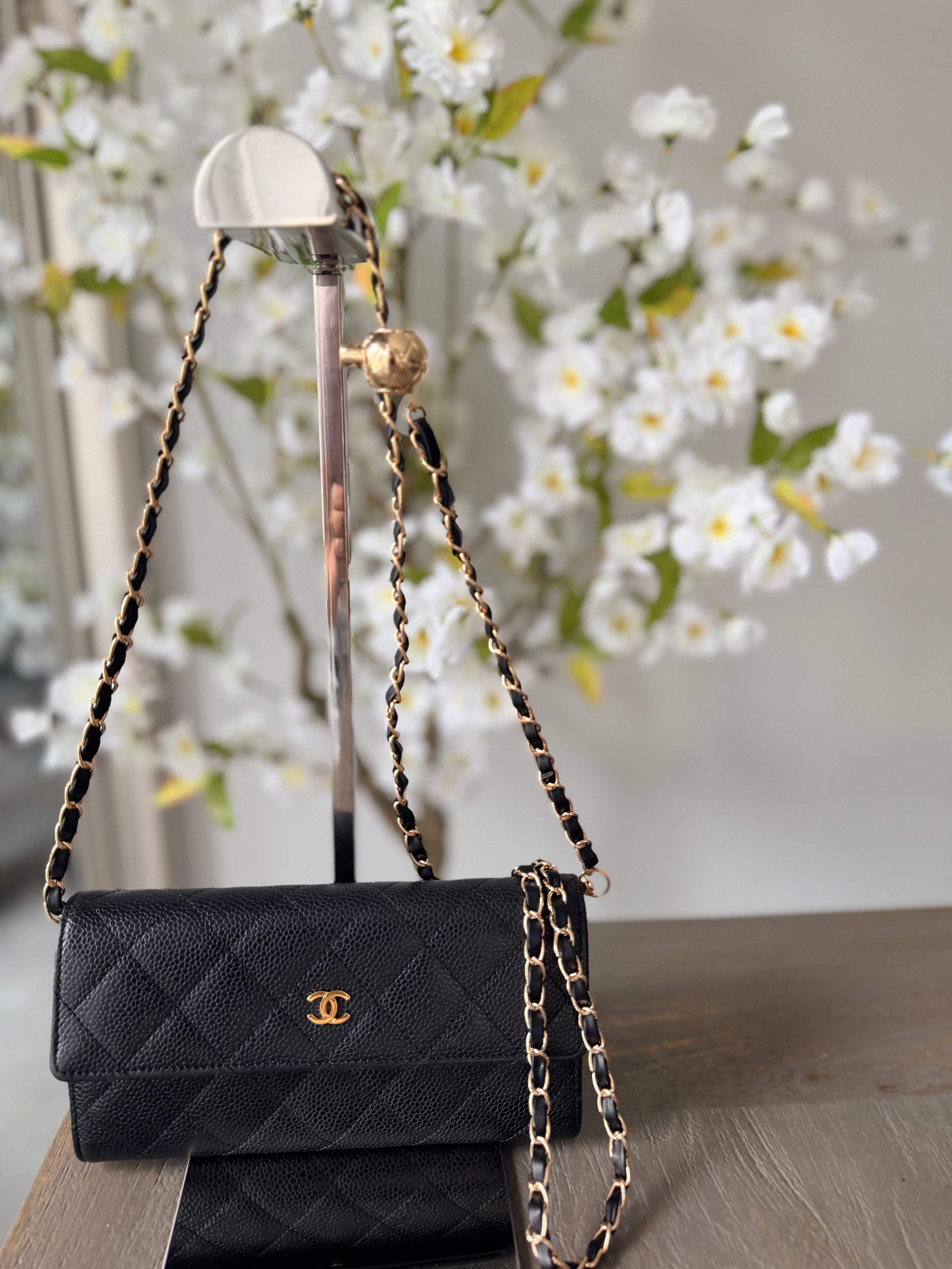 Chanel Gusset Long Wallet Black Caviar Leather Gold Hardware
