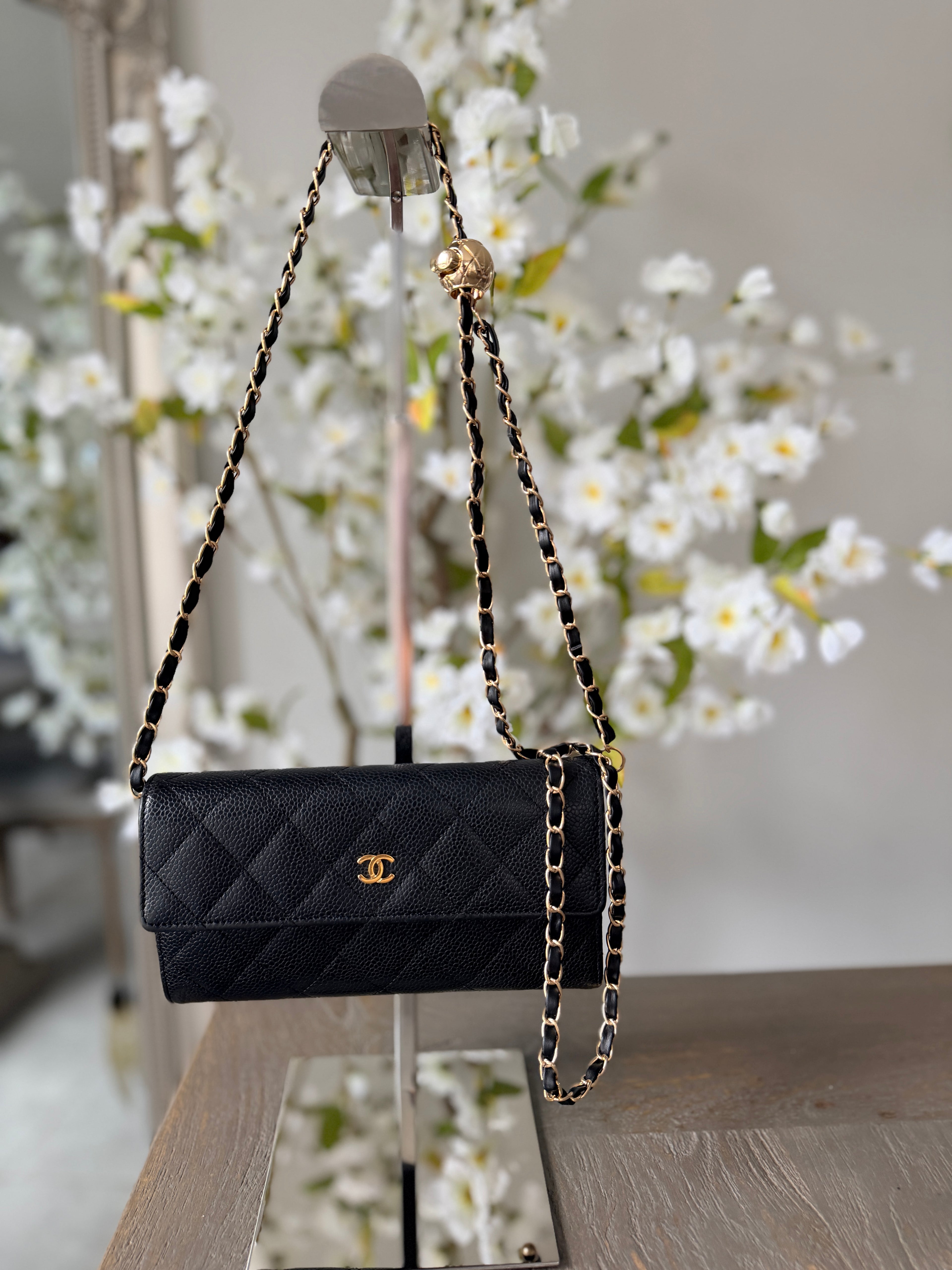 Chanel Gusset Long Wallet Black Caviar Leather Gold Hardware