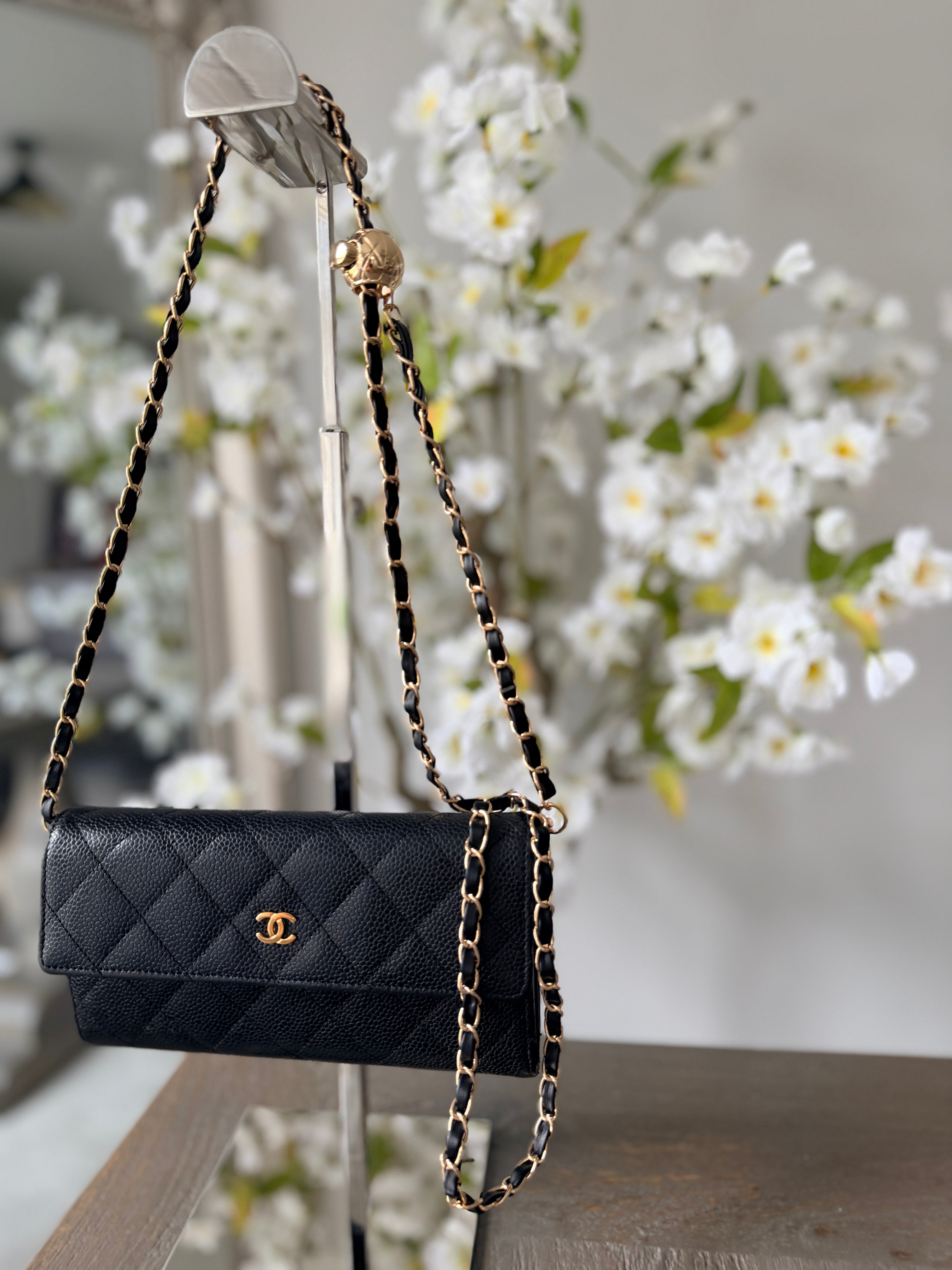 Chanel Gusset Long Wallet Black Caviar Leather Gold Hardware