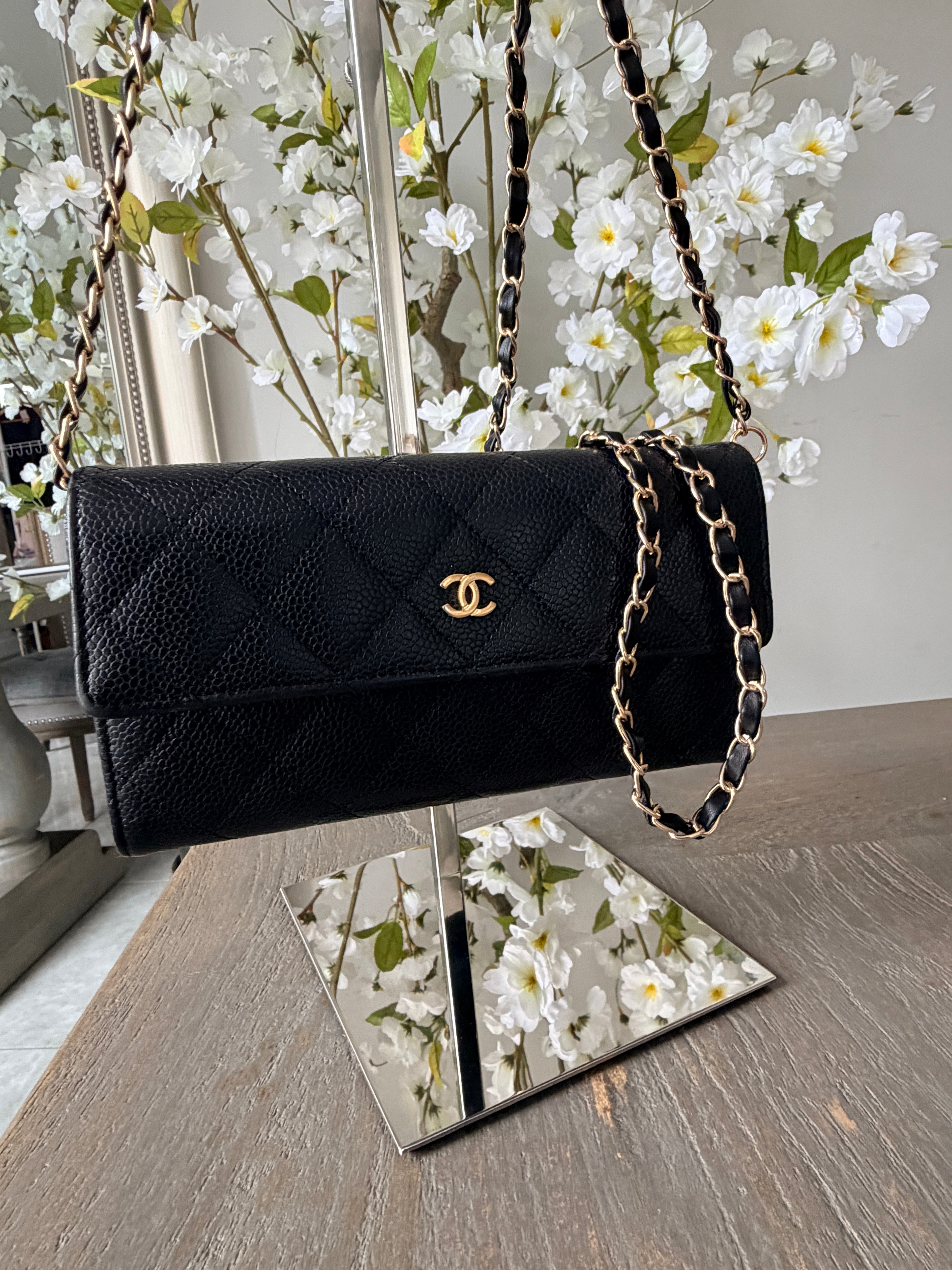 Chanel Gusset Long Wallet Black Caviar Leather Gold Hardware