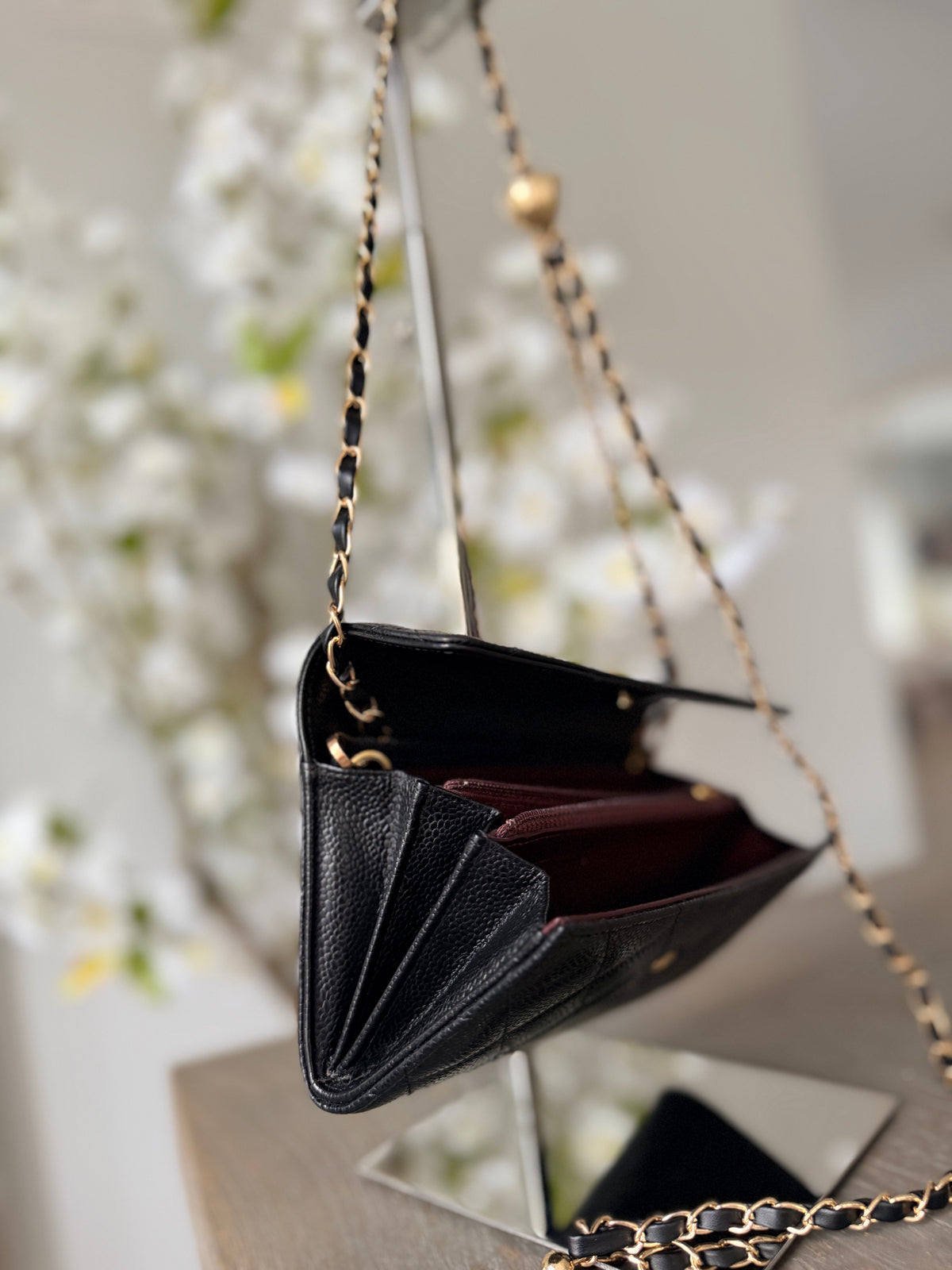 Chanel Gusset Long Wallet Black Caviar Leather Gold Hardware 