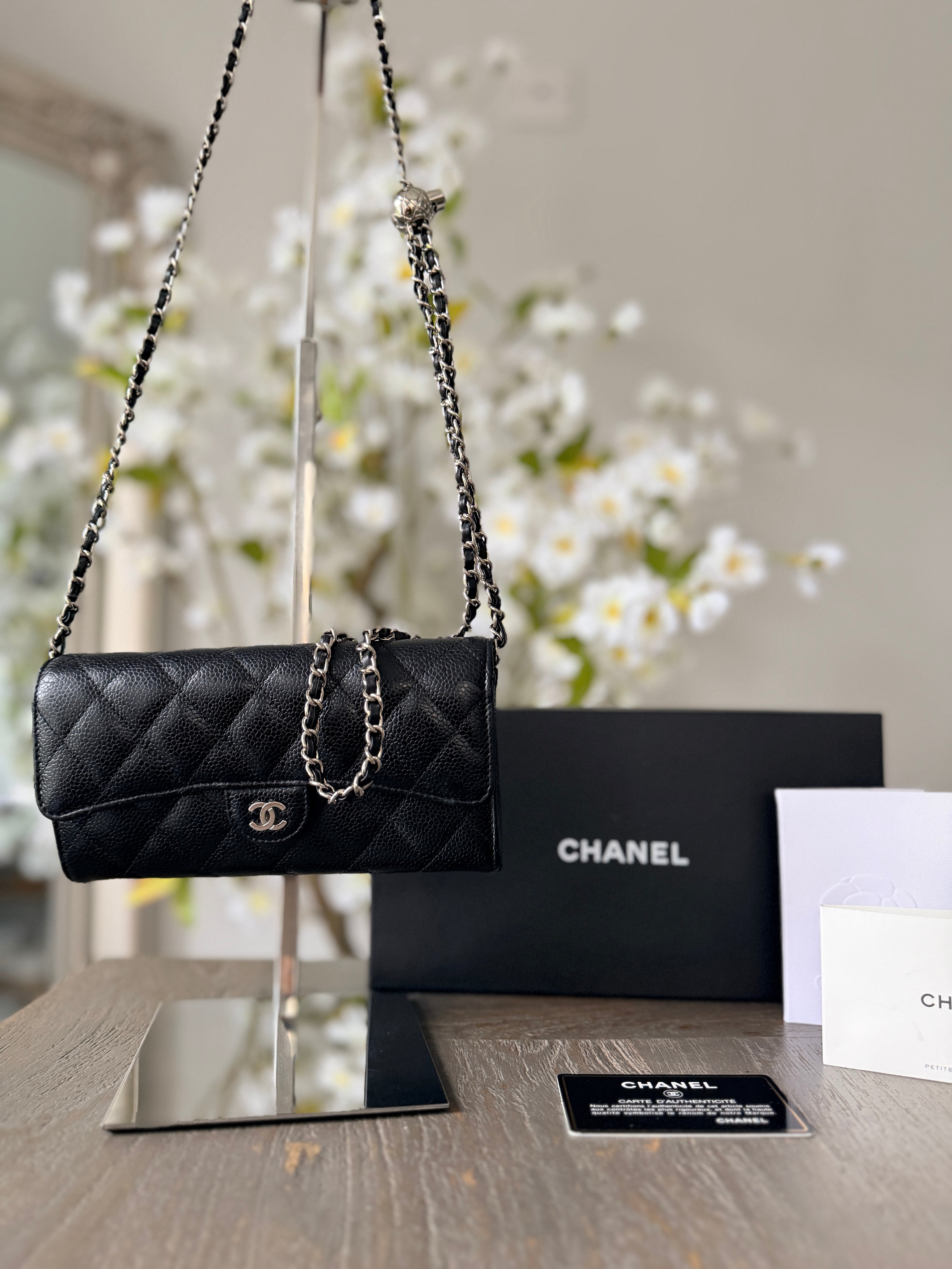 Chanel Long Wallet Black Caviar Leather Silver Hardware