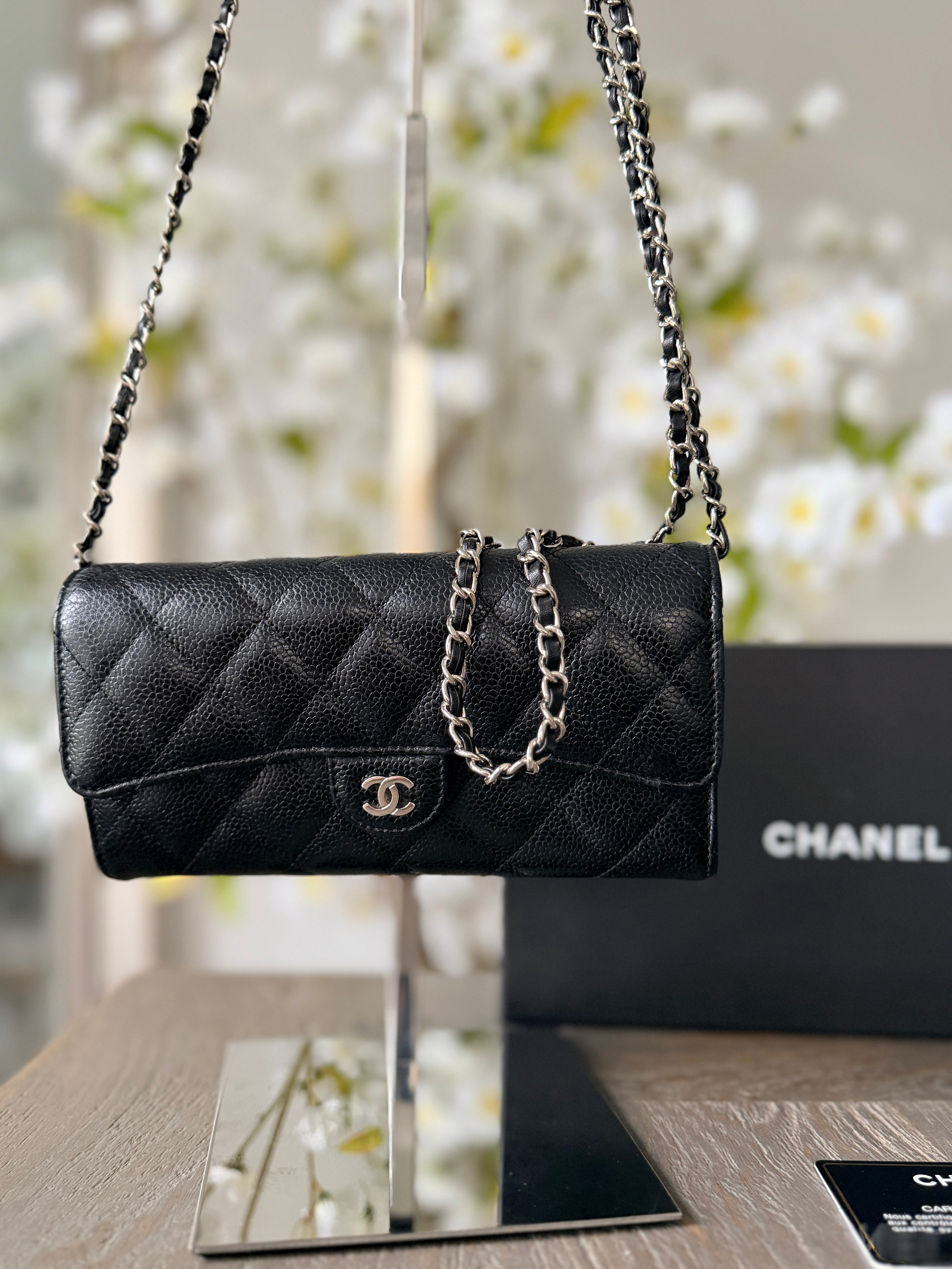 Chanel Long Wallet Black Caviar Leather Silver Hardware